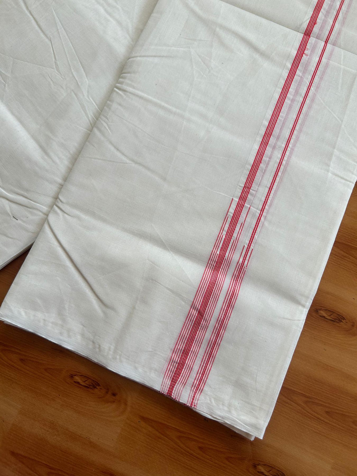 Double Off White (Unbleached) Mundu/Dhoti - 20% Discount!! KaithariKada Pulimood 100% Cotton 100X100 - 2 cm Puliyilakkara Silver Kasav & Peach Red Striped Double Chutty Kara - 4 mtr (8.5 muzham) - 21 KK5547 ASH