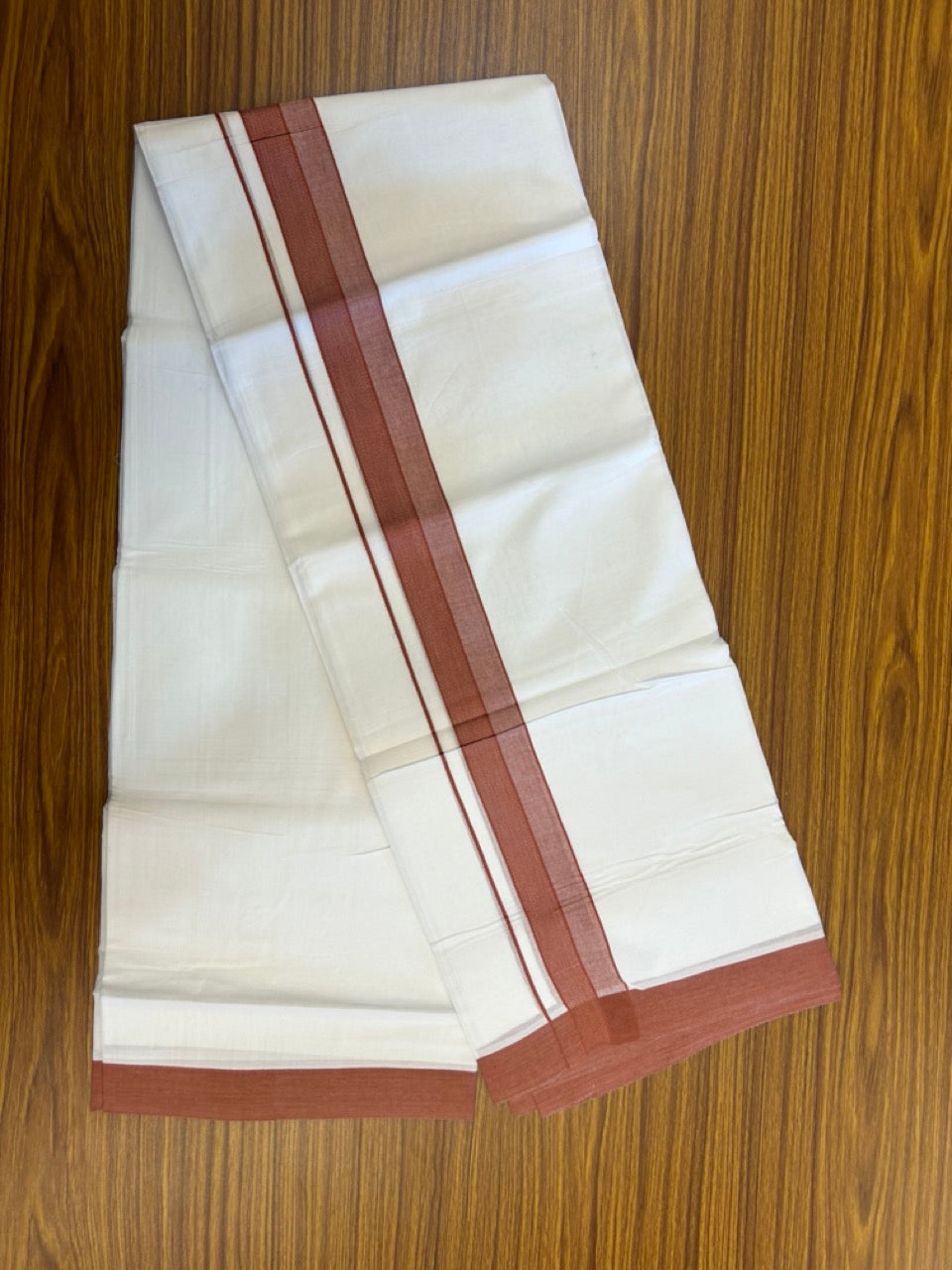 20% Discount ! Kaitharikada Balaramapuram 100% Cotton PURE WHITE Double Mundu/Dothi - 100x80 - 1.5 inch Brick Red Shaded Design Kara 3.90 mtr (8 muzham) - 25 KK5294 THI
