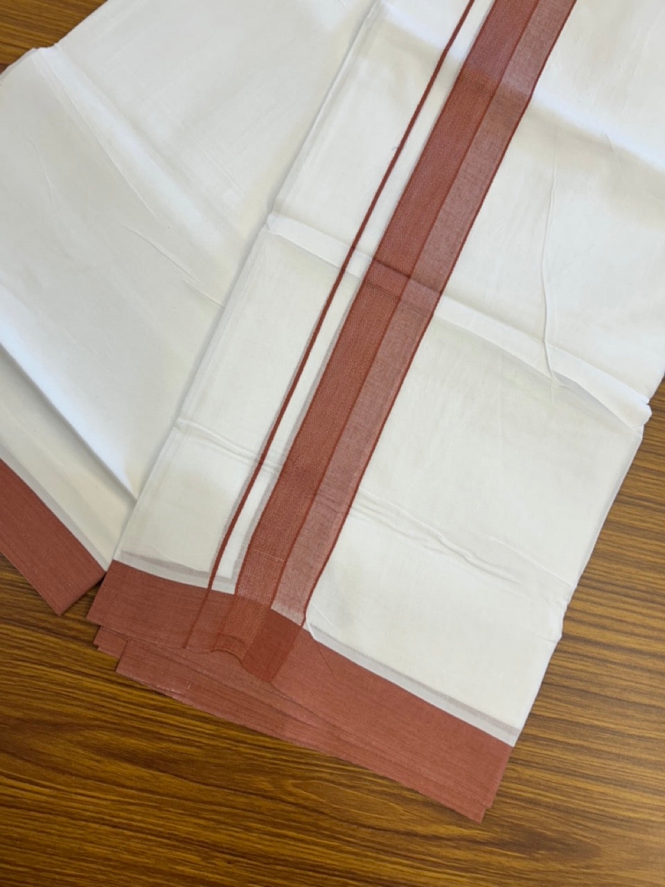 20% Discount ! Kaitharikada Balaramapuram 100% Cotton PURE WHITE Double Mundu/Dothi - 100x80 - 1.5 inch Brick Red Shaded Design Kara 3.90 mtr (8 muzham) - 25 KK5294 THI