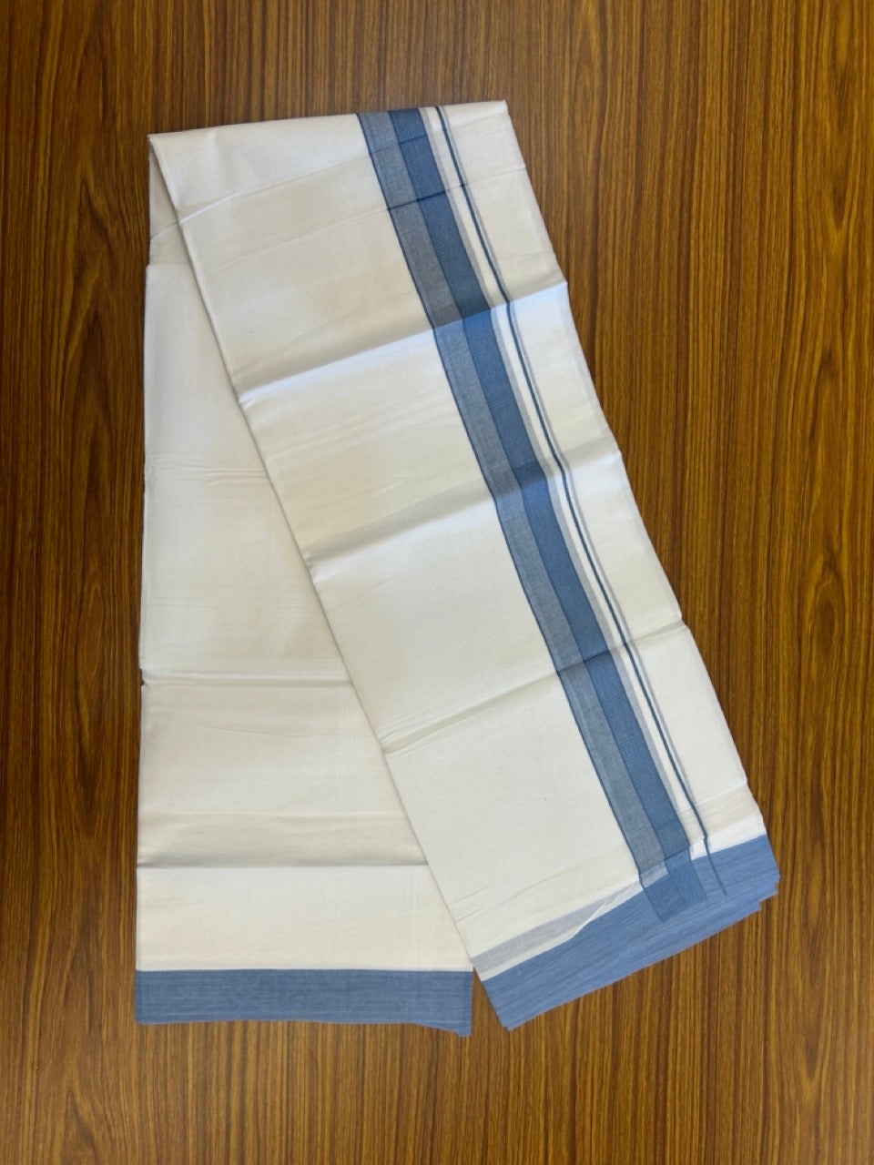 20% Discount ! Kaitharikada Balaramapuram 100% Cotton PURE WHITE Double Mundu/Dothi - 100x80 - 1.5 inch Ash Blue Shaded Design Kara 3.90 mtr (8 muzham) - 26 KK5294 THI
