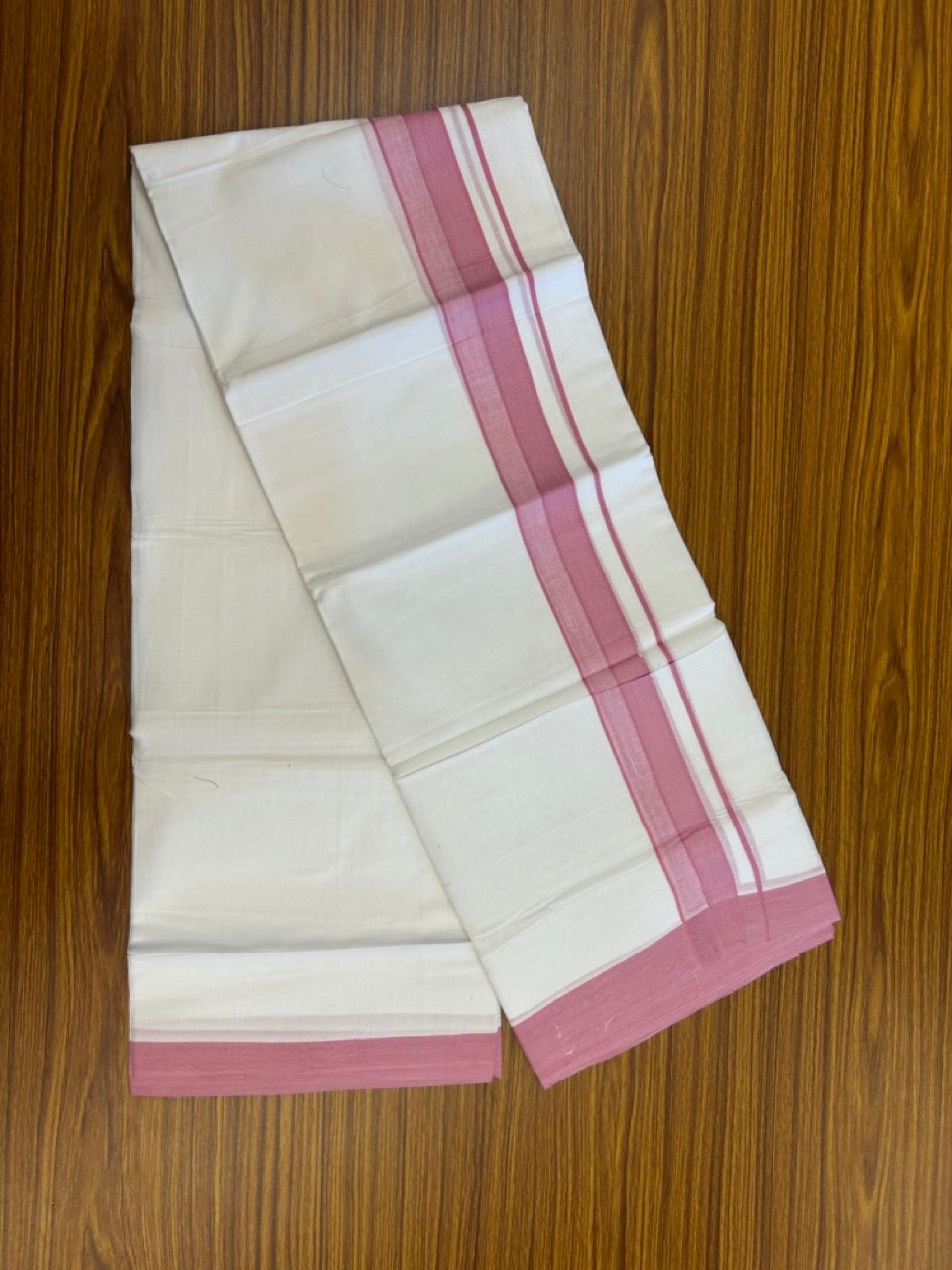 20% Discount ! Kaitharikada Balaramapuram 100% Cotton PURE WHITE Double Mundu/Dothi - 100x80 - 1.5 inch Pink Shaded Design Kara 3.90 mtr (8 muzham) - 28 KK5294 THI