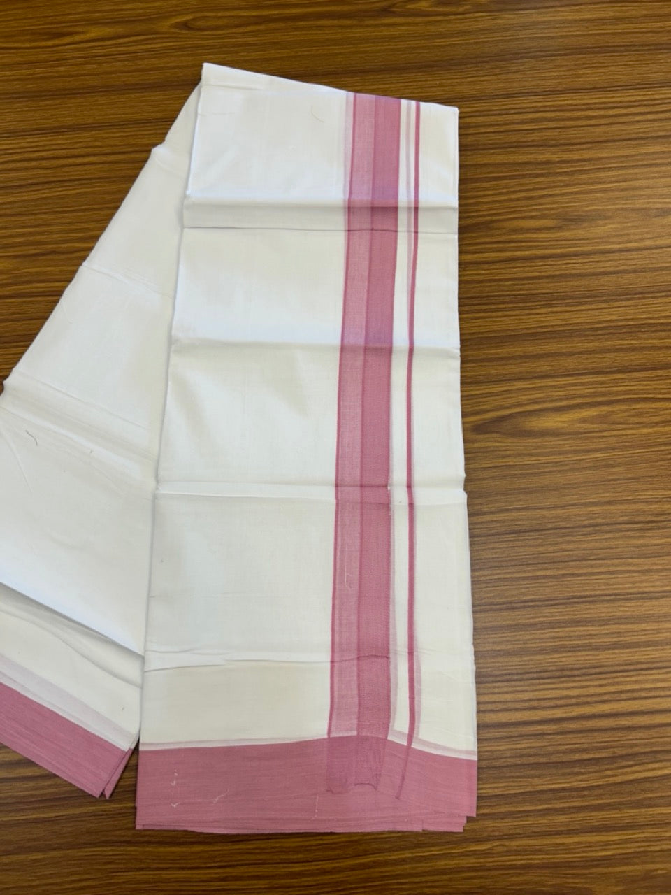20% Discount ! Kaitharikada Balaramapuram 100% Cotton PURE WHITE Double Mundu/Dothi - 100x80 - 1.5 inch Pink Shaded Design Kara 3.90 mtr (8 muzham) - 28 KK5294 THI