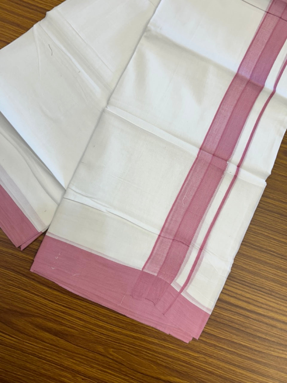 20% Discount ! Kaitharikada Balaramapuram 100% Cotton PURE WHITE Double Mundu/Dothi - 100x80 - 1.5 inch Pink Shaded Design Kara 3.90 mtr (8 muzham) - 28 KK5294 THI
