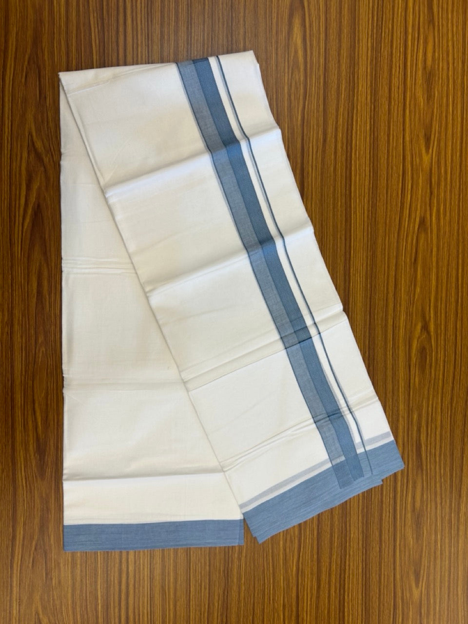 20% Discount ! Kaitharikada Balaramapuram 100% Cotton PURE WHITE Double Mundu/Dothi - 100x80 - 1.5 inch Dark Ash Blue Shaded Design Kara 3.90 mtr (8 muzham) - 29 KK5294 THI