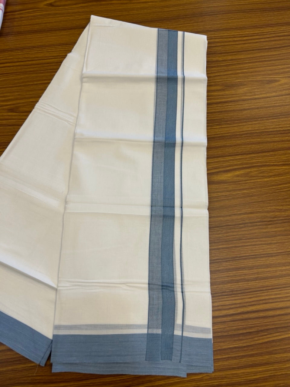 20% Discount ! Kaitharikada Balaramapuram 100% Cotton PURE WHITE Double Mundu/Dothi - 100x80 - 1.5 inch Dark Ash Blue Shaded Design Kara 3.90 mtr (8 muzham) - 29 KK5294 THI