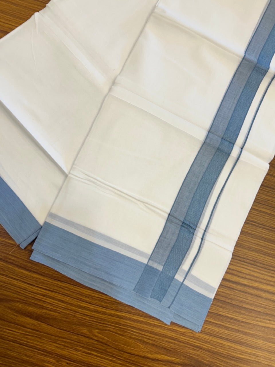 20% Discount ! Kaitharikada Balaramapuram 100% Cotton PURE WHITE Double Mundu/Dothi - 100x80 - 1.5 inch Dark Ash Blue Shaded Design Kara 3.90 mtr (8 muzham) - 29 KK5294 THI