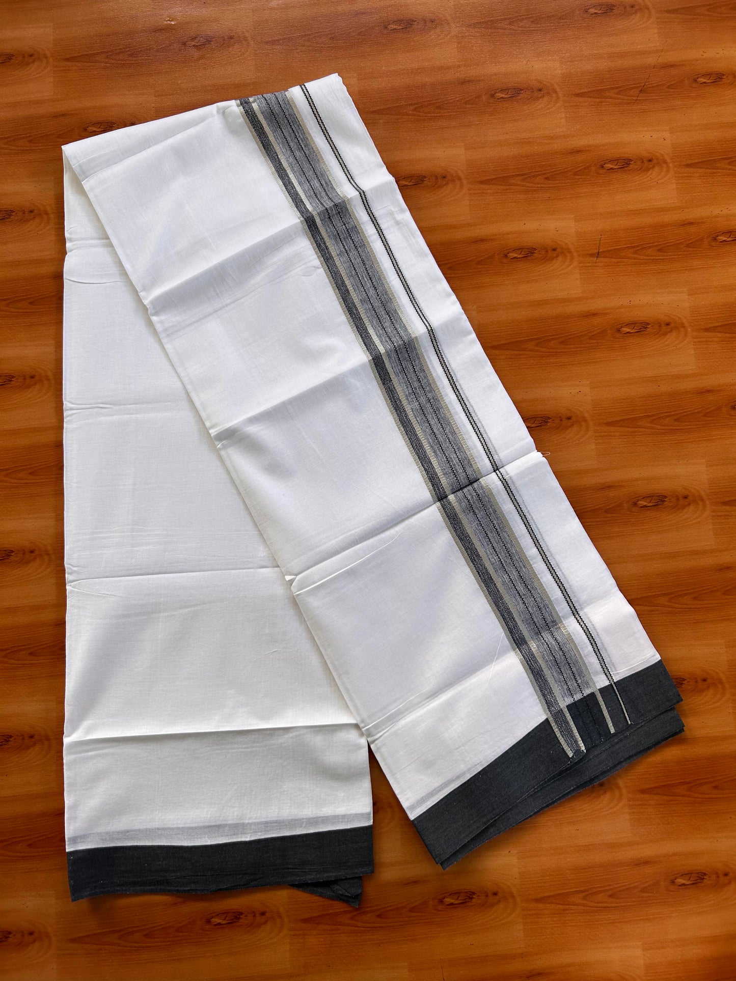Double Pure White Mundu/Dhoti -20% Discount !! KaithariKada Balaramapuram 100% Cotton - 100X80 - 1.5 Inch Silver Kasav & Peacock Blue Shaded Striped Kara - 3.90 mtr ( 8 muzham) - 2 KK5432 PMC