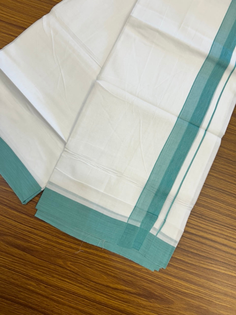 20% Discount ! Kaitharikada Balaramapuram 100% Cotton PURE WHITE Double Mundu/Dothi - 100x80 - 1.5 inch Light Teal Green Shaded Design Kara 3.90 mtr (8 muzham) - 30 KK5294 THI