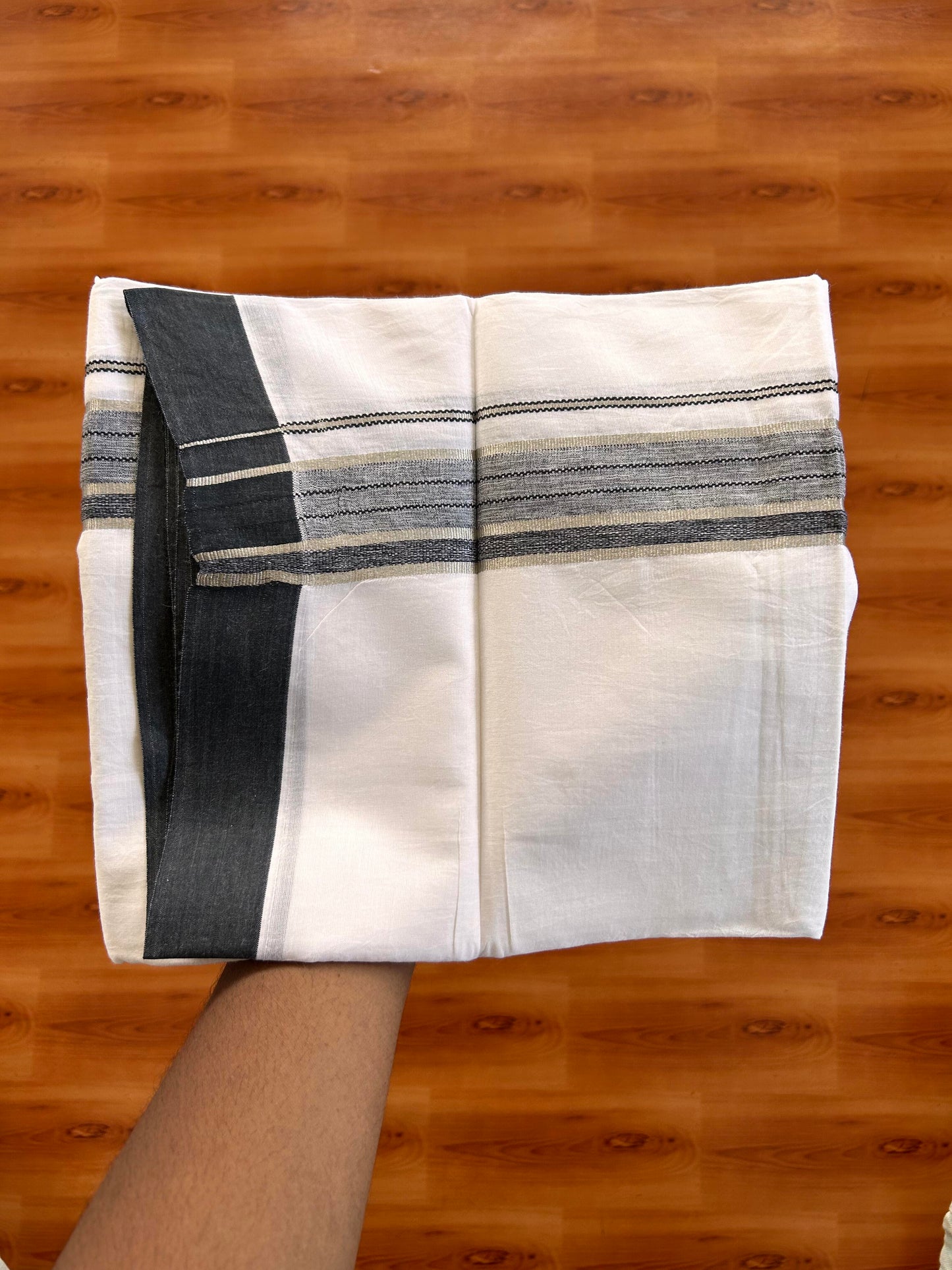 Double Pure White Mundu/Dhoti -20% Discount !! KaithariKada Balaramapuram 100% Cotton - 100X80 - 1.5 Inch Silver Kasav & Black Shaded Striped Kara - 3.90 mtr ( 8 muzham) - 6 KK5432 PMC