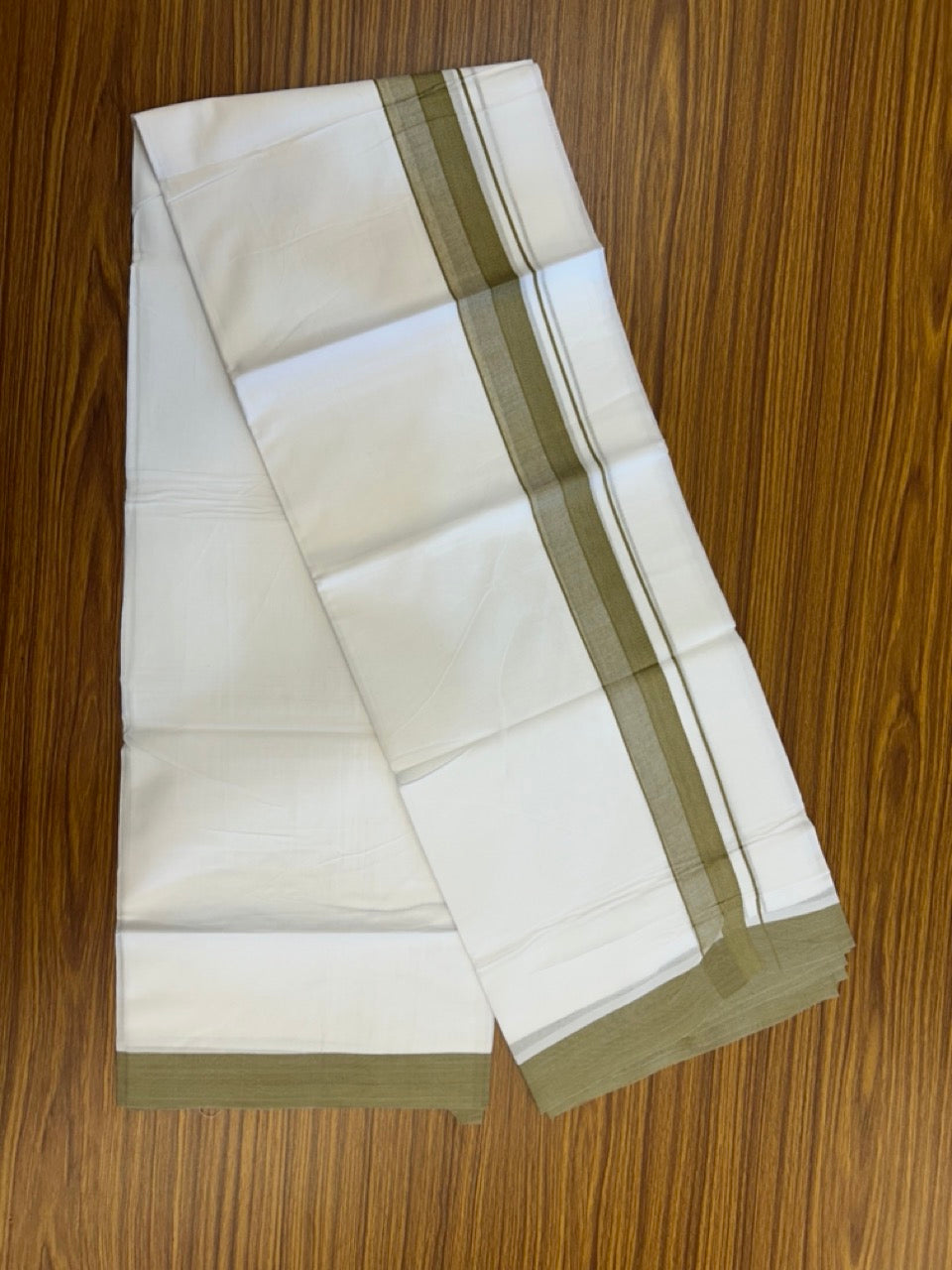 20% Discount ! Kaitharikada Balaramapuram 100% Cotton PURE WHITE Double Mundu/Dothi - 100x80 - 1.5 inch Light Olive Green Shaded Design Kara 3.90 mtr (8 muzham) - 32 KK5294 THI