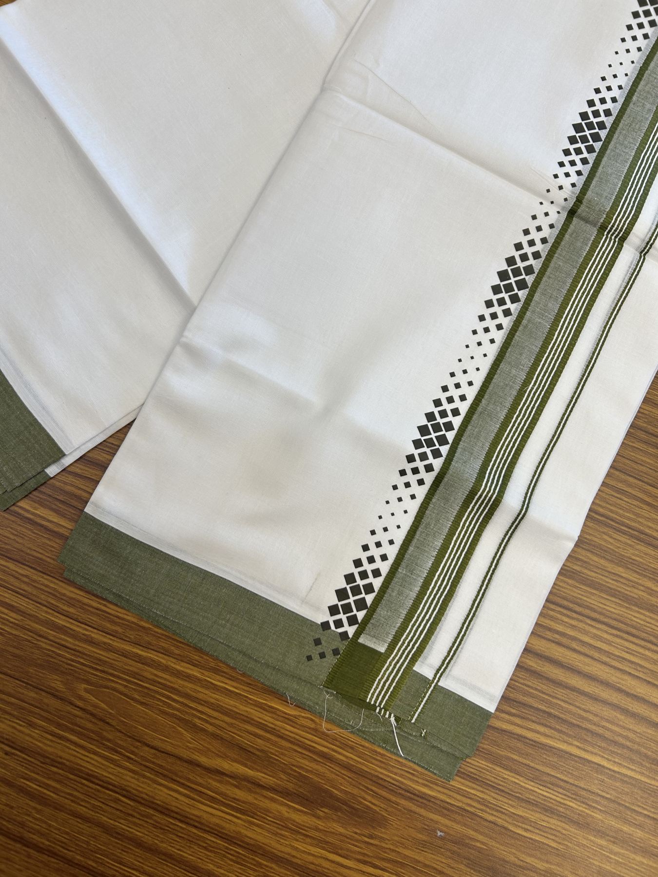 20% Discount ! KaithariKada Balaramapuram Cotton Double Pure white Mundu/Dhoti- 80s - 2.5 inch Olive Green Printed Shade Stripes Design Kara - 3.65 mtr (8 muzham) - 17 KK5329 GAN