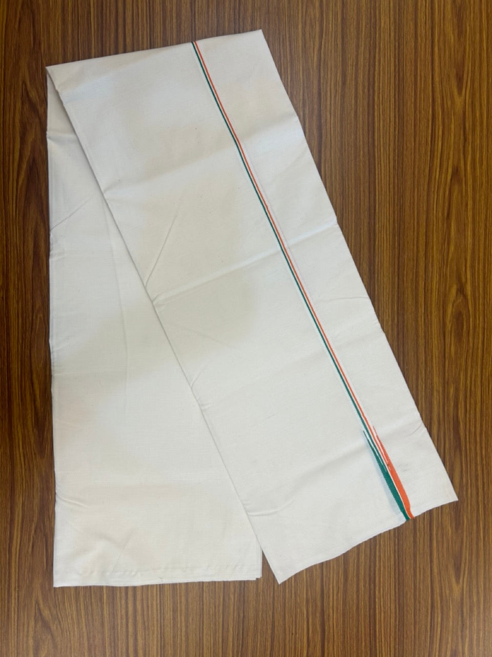 Congress Vesti - 20% Discount ! KaithariKada 100% Cotton Single Off White - (Unbleached) Mundu/Dhoti - Twisted 100s Thread - 0.5 inch Puliyilakkara Orange White & Green Chutty Kara (2 meter / 4 muzham) - 5 KK5257 ASH