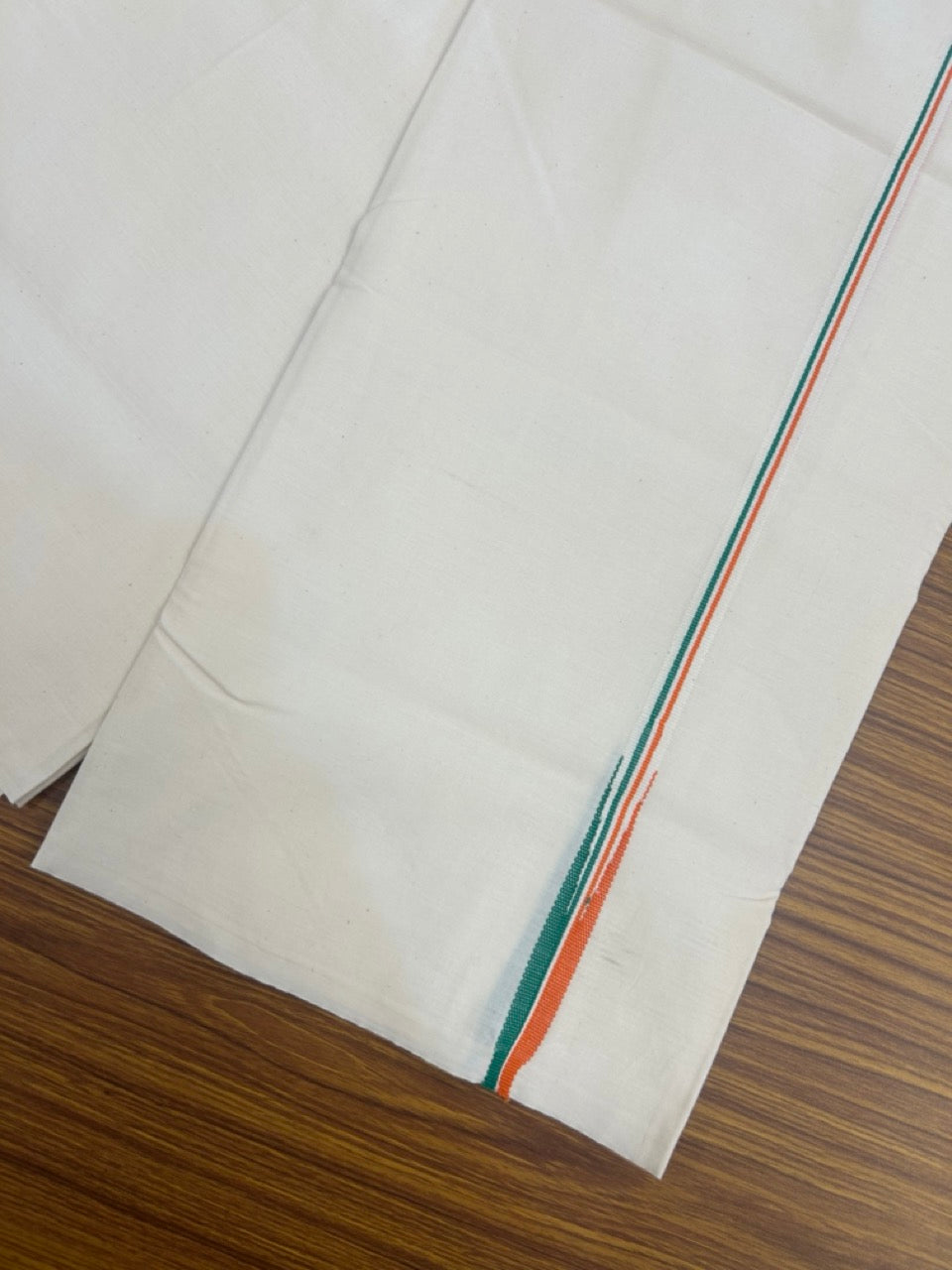 Congress Vesti - 20% Discount ! KaithariKada 100% Cotton Single Off White - (Unbleached) Mundu/Dhoti - Twisted 100s Thread - 0.5 inch Puliyilakkara Orange White & Green Chutty Kara (2 meter / 4 muzham) - 5 KK5257 ASH
