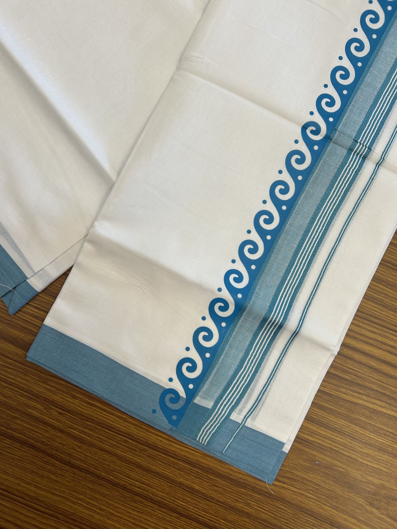 20% Discount ! KaithariKada Balaramapuram Cotton Double Pure white Mundu/Dhoti- 80s - 2.5 inch Blue Green Printed Shade Stripes Design Kara - 3.65 mtr (8 muzham) - 45 KK5329 GAN