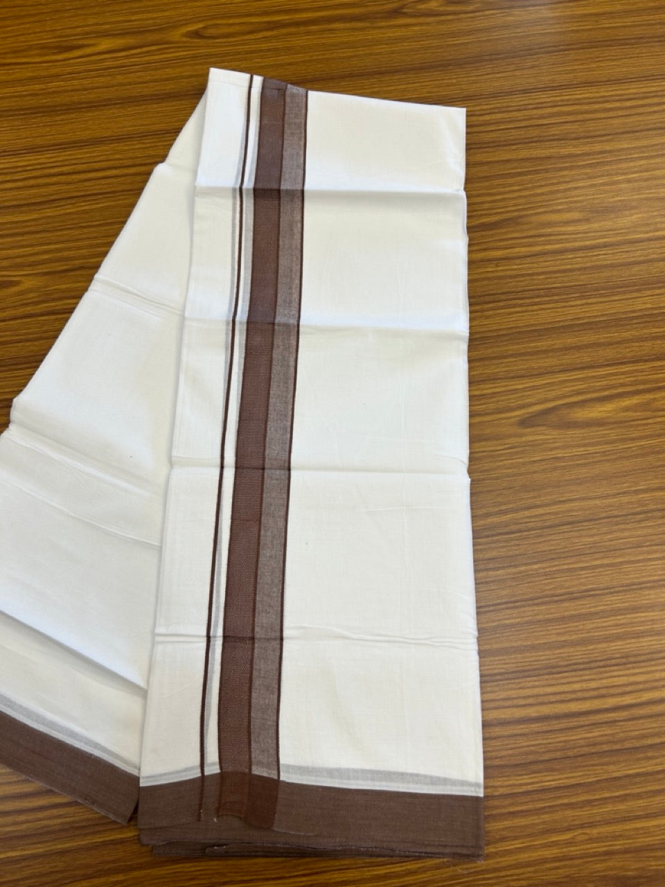 20% Discount ! Kaitharikada Balaramapuram 100% Cotton PURE WHITE Double Mundu/Dothi - 100x80 - 1.5 inch Brown Shaded Design Kara 3.90 mtr (8 muzham) - 33 KK5294 THI