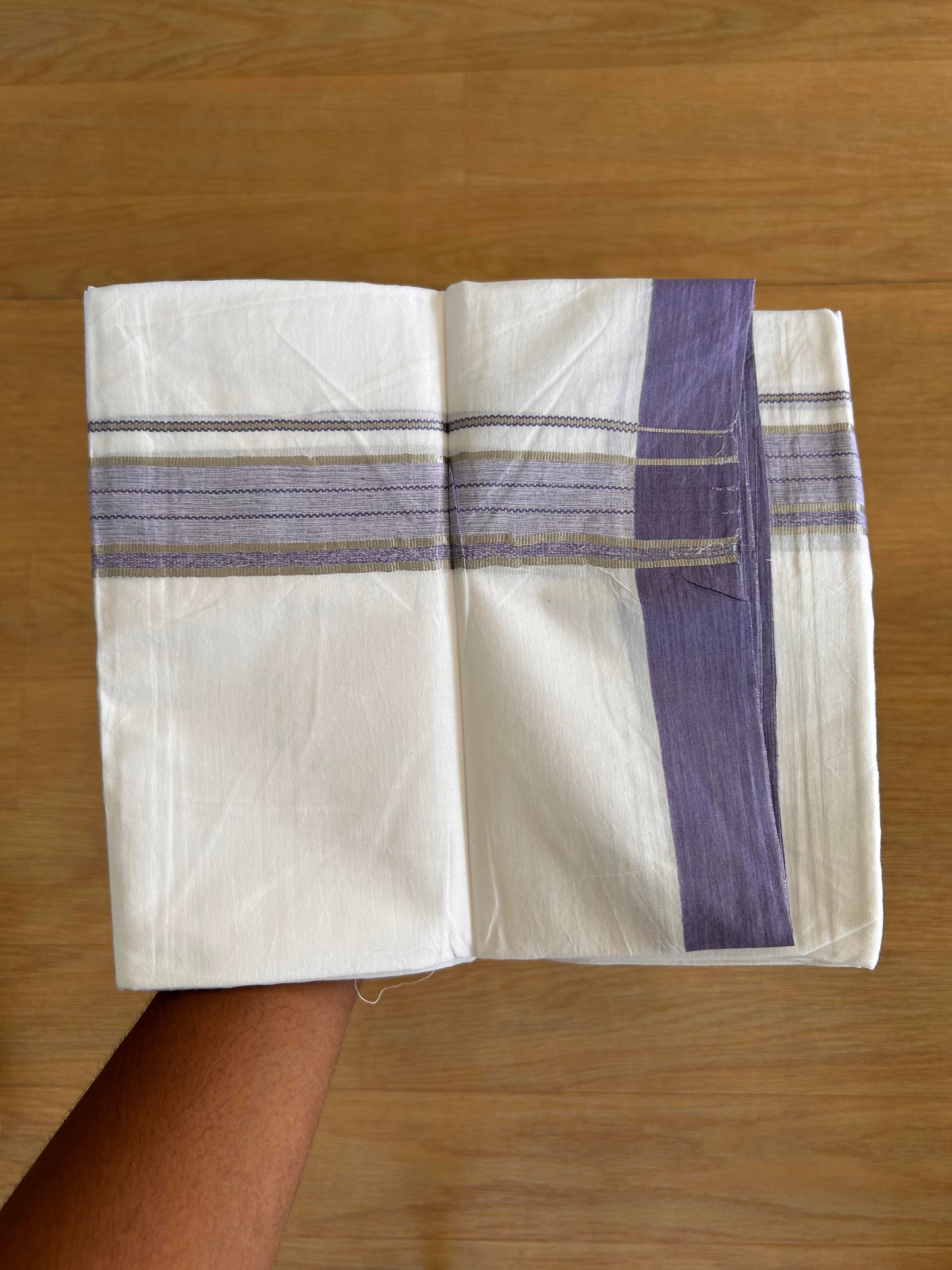 Double Pure White Mundu/Dhoti -20% Discount !! KaithariKada Balaramapuram 100% Cotton - 100X80 - 1.5 Inch Silver Kasav & Light Violet Shaded Striped Kara - 3.90 mtr ( 8 muzham) - 5 KK5432 PMC