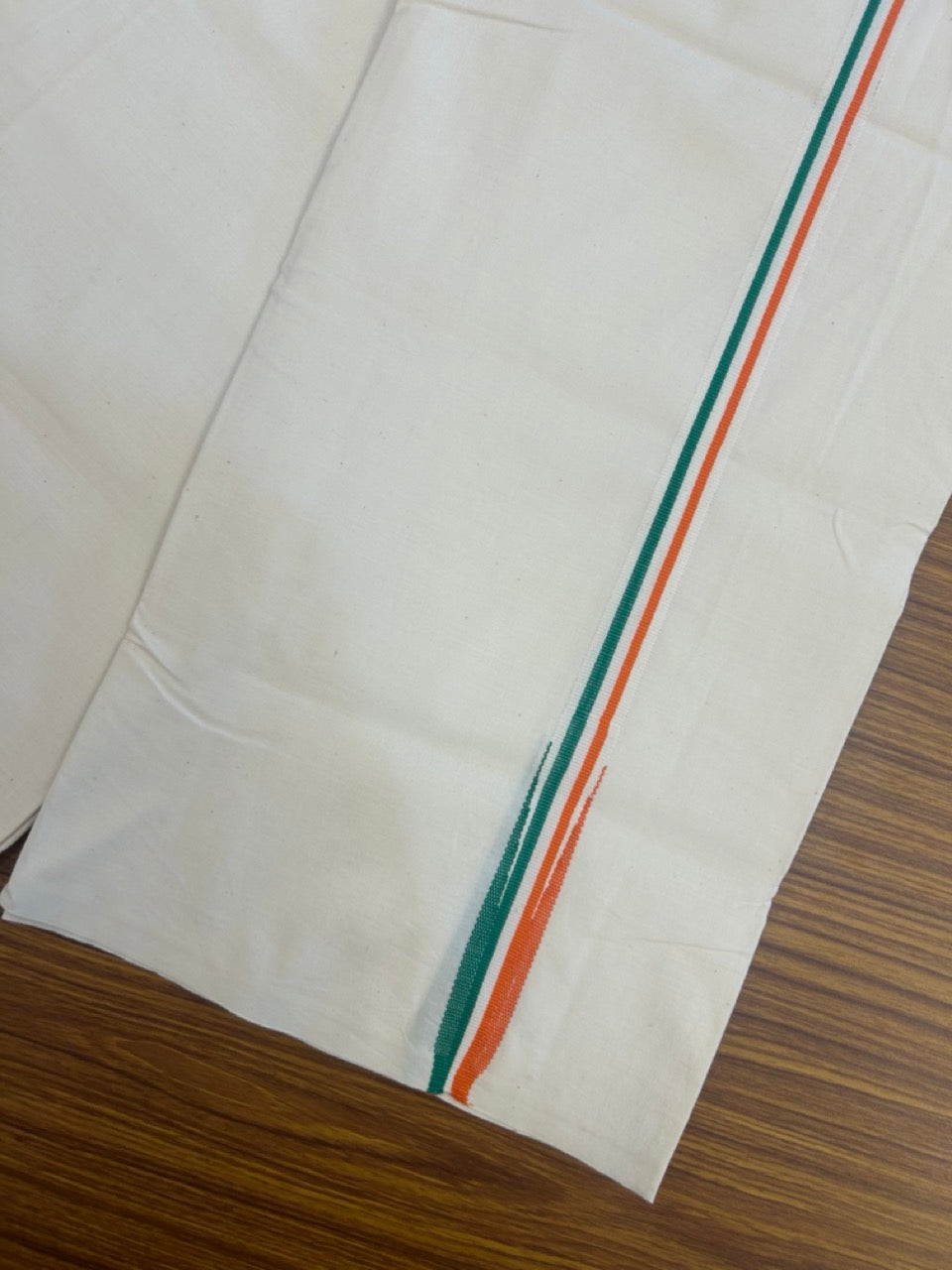 Congress Vesti - 20% Discount ! KaithariKada 100% Cotton Single Off White - (Unbleached) Mundu/Dhoti - Twisted 100s Thread - 0.75 inch Puliyilakkara Orange White & Green Chutty Kara (2 meter / 4 muzham) - 6 KK5257 ASH