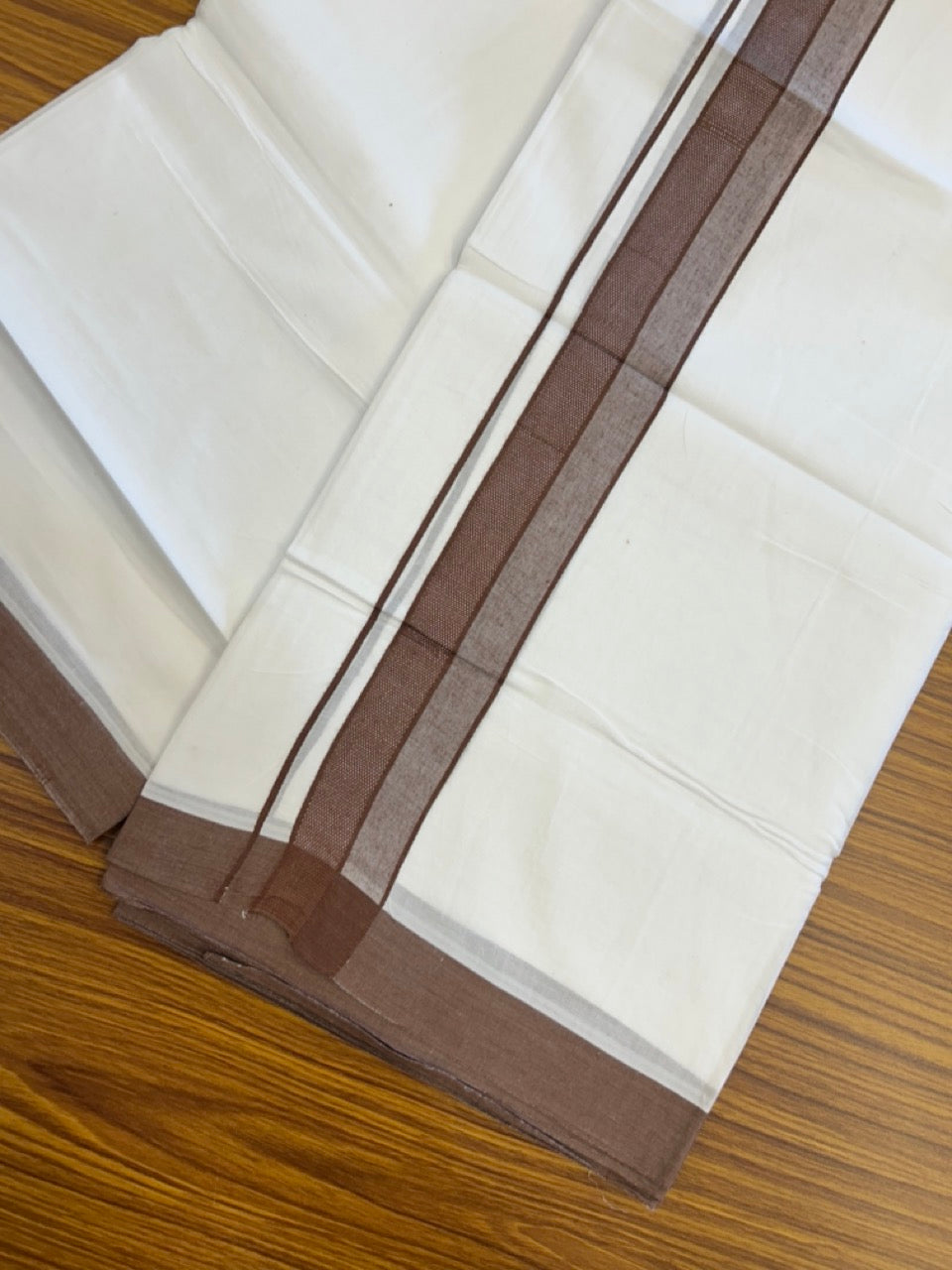 20% Discount ! Kaitharikada Balaramapuram 100% Cotton PURE WHITE Double Mundu/Dothi - 100x80 - 1.5 inch Brown Shaded Design Kara 3.90 mtr (8 muzham) - 33 KK5294 THI