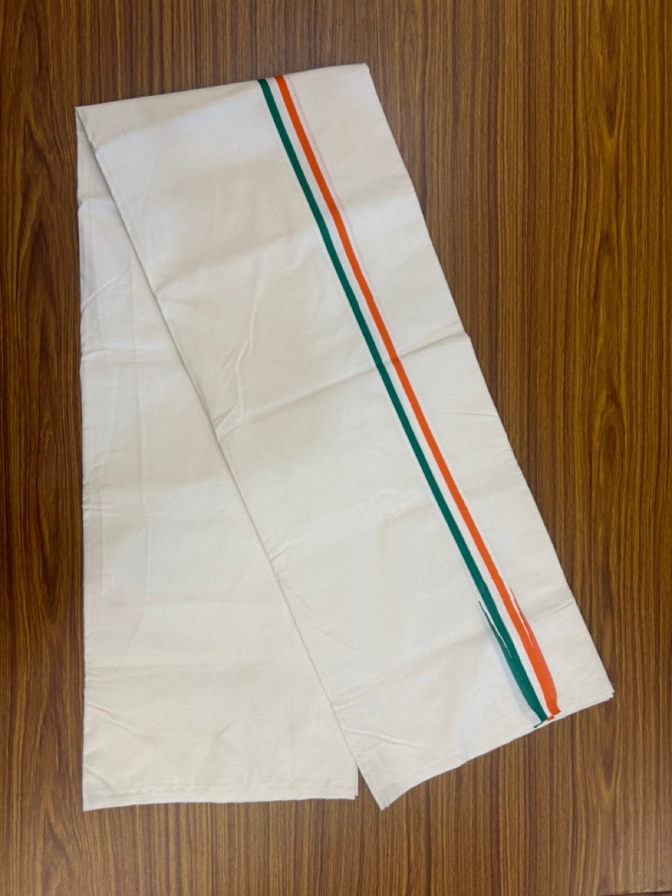 Congress Vesti - 20% Discount ! KaithariKada 100% Cotton Single Off White - (Unbleached) Mundu/Dhoti - Twisted 100s Thread - 1.25 inch Puliyilakkara Orange White & Green Chutty Kara (2 meter / 4 muzham) - 7 KK5257 ASH