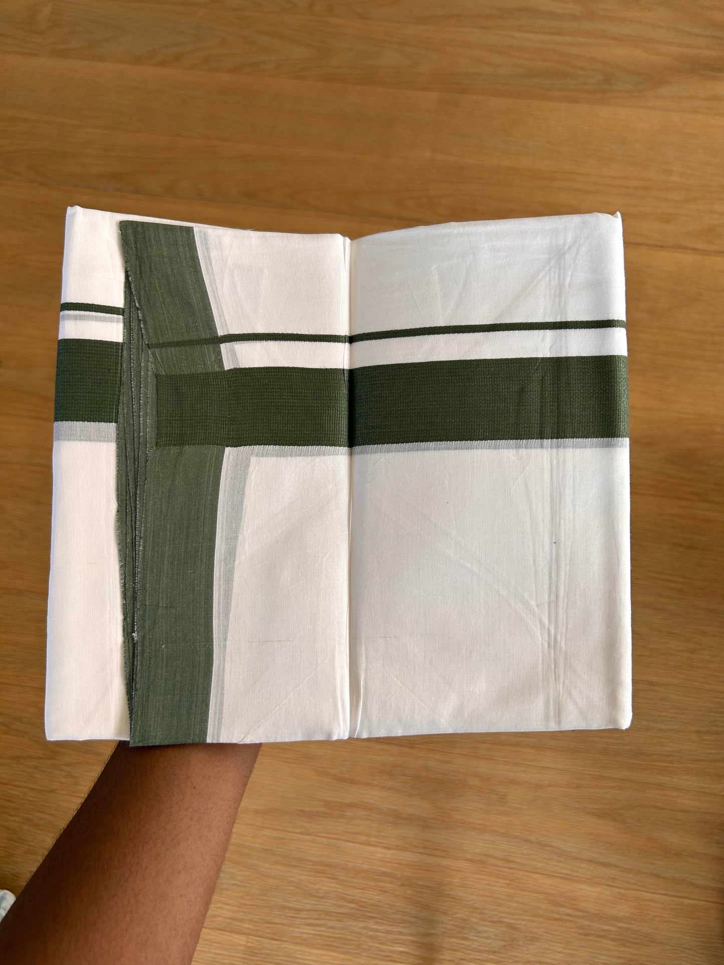 Double Pure White Mundu/Dhoti - 20% Discount!!! KaithariKada Balaramapuram 100% Cotton - 100X80 - 1.75 Inch Dark Sage Green kara - 3.90 Mtr (8 Muzham) - 58 KK5432 PMC