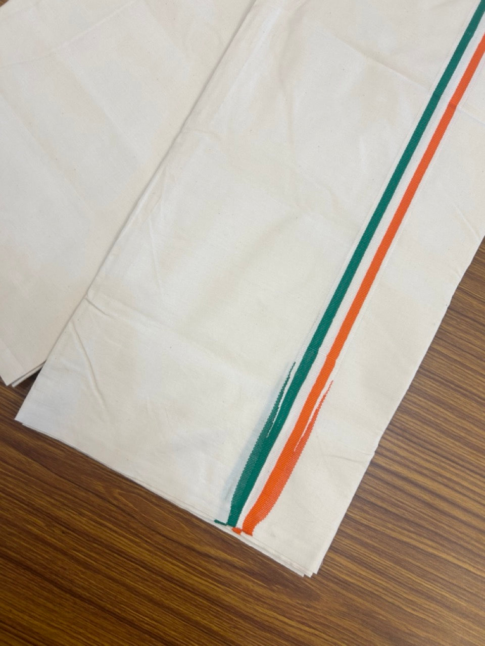 Congress Vesti - 20% Discount ! KaithariKada 100% Cotton Single Off White - (Unbleached) Mundu/Dhoti - Twisted 100s Thread - 1.25 inch Puliyilakkara Orange White & Green Chutty Kara (2 meter / 4 muzham) - 7 KK5257 ASH