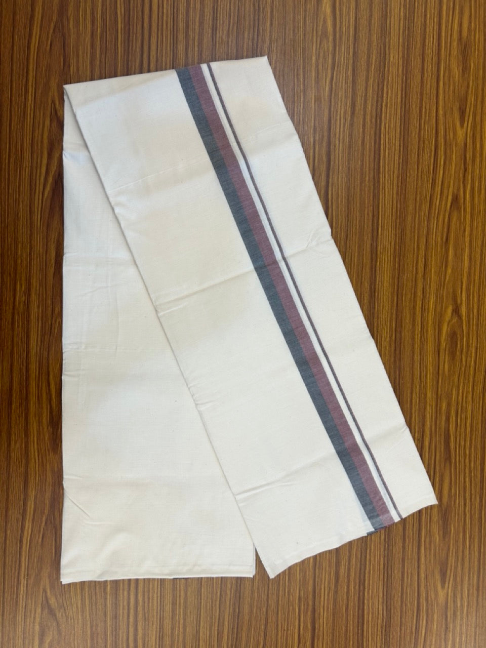 DMK Veshti - 11% Discount ! KaithariKada Balaramapuram 100% Cotton Single Off White (Unbleached) Mundu/Dhoti- Twisted 100s Thread - 1.25 inch Puliyilakkara Maroon & Black Shaded Kara (2 meter / 4 muzham) - 8 KK5257 ASH