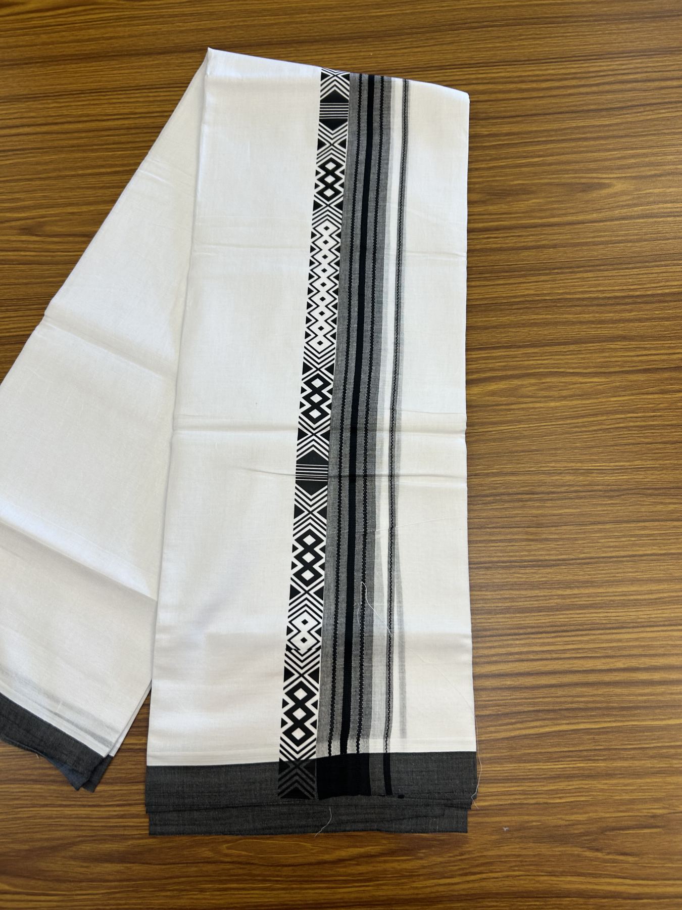 20% Discount ! KaithariKada Balaramapuram Cotton Double Pure white Mundu/Dhoti- 80s - 2.5 inch Black Printed Shade Stripes Design Kara - 3.65 mtr (8 muzham) - 49 KK5329 GAN
