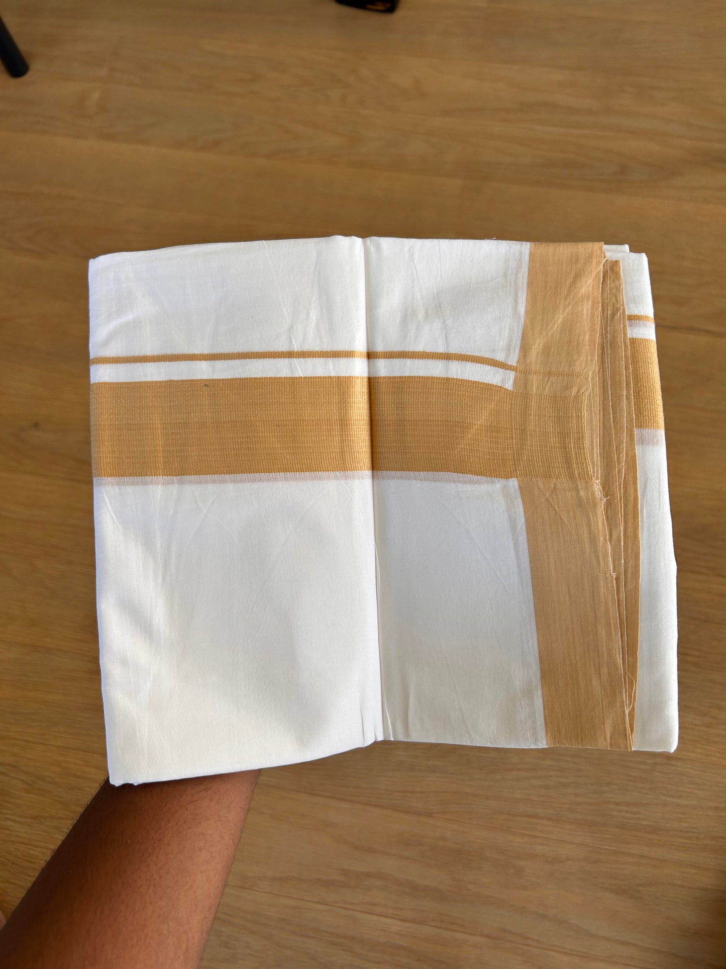 Double Pure White Mundu/Dhoti - 20% Discount!!! KaithariKada Balaramapuram 100% Cotton - 100X80 - 1.75 Inch Light Sand Brown kara - 3.90 Mtr (8 Muzham) - 52 KK5432 PMC