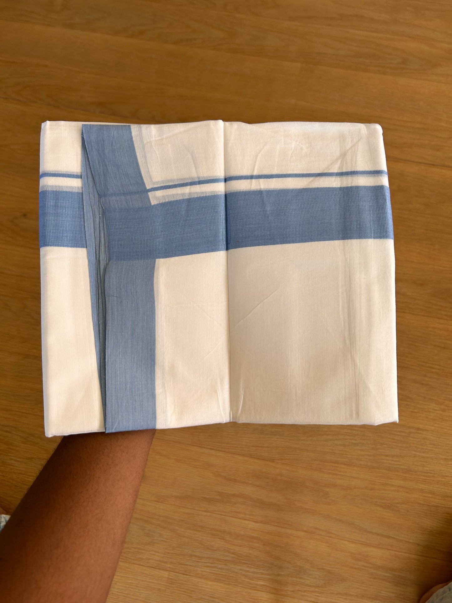 Double Pure White Mundu/Dhoti - 20% Discount!!! KaithariKada Balaramapuram 100% Cotton - 100X80 - 1.75 Inch Light Blue kara - 3.90 Mtr (8 Muzham) - 59 KK5432 PMC