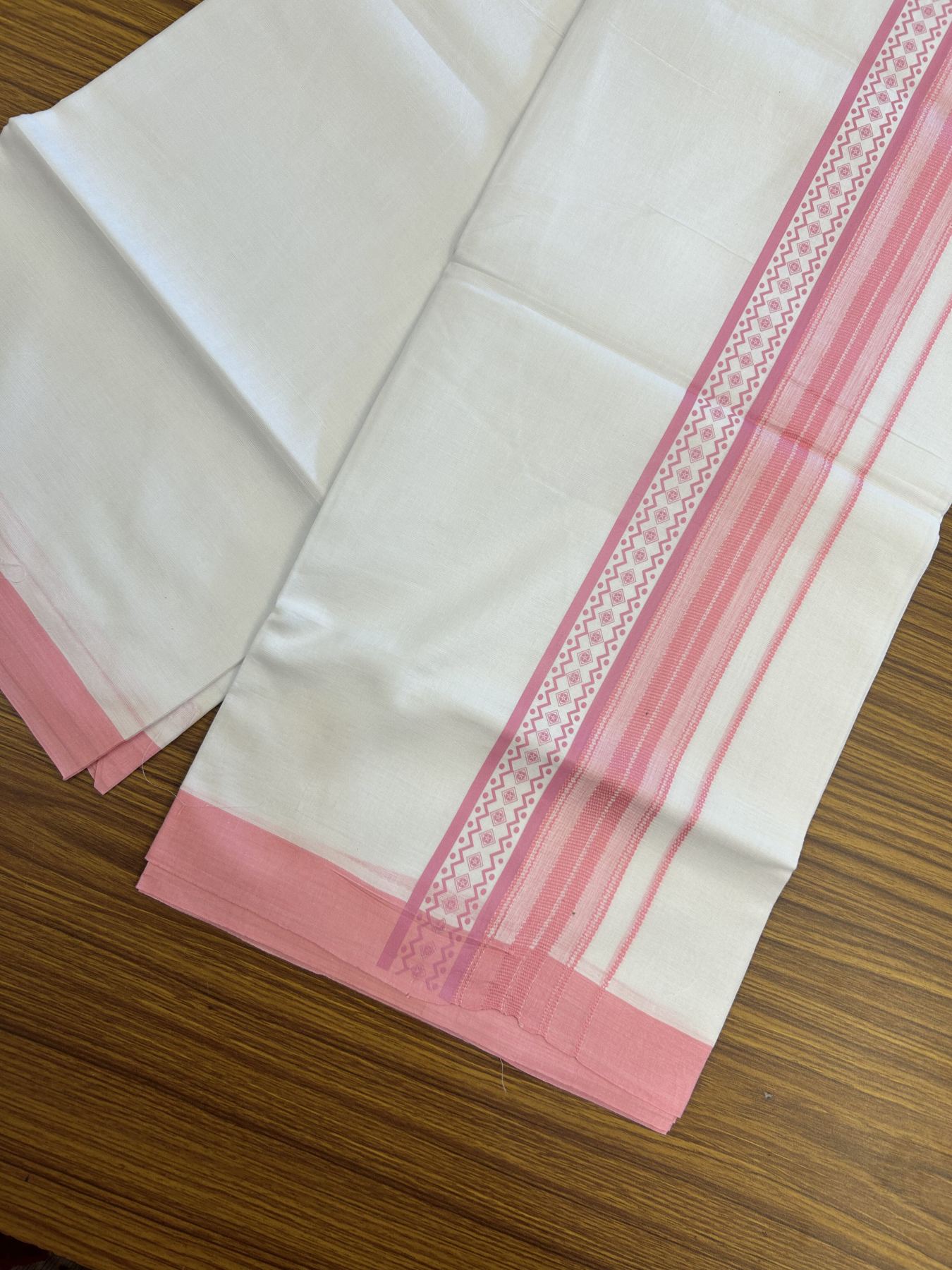20% Discount ! KaithariKada Balaramapuram Cotton Double Pure white Mundu/Dhoti- 80s - 2.5 inch Baby Pink Printed Shade Stripes Design Kara - 3.65 mtr (8 muzham) - 27 KK5329 GAN
