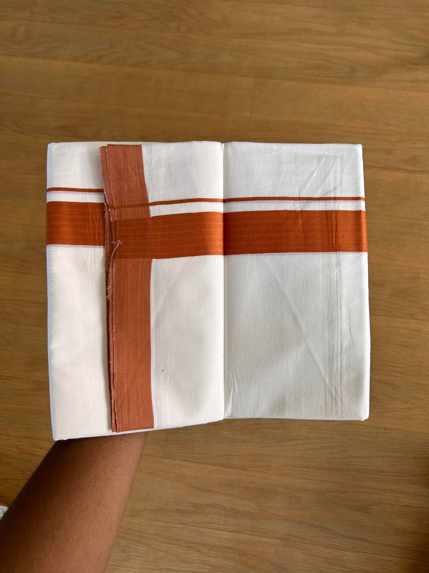 Double Pure White Mundu/Dhoti - 20% Discount!!! KaithariKada Balaramapuram 100% Cotton - 100X80 - 1.75 Inch Rust Orange kara - 3.90 Mtr (8 Muzham) - 64 KK5432 PMC