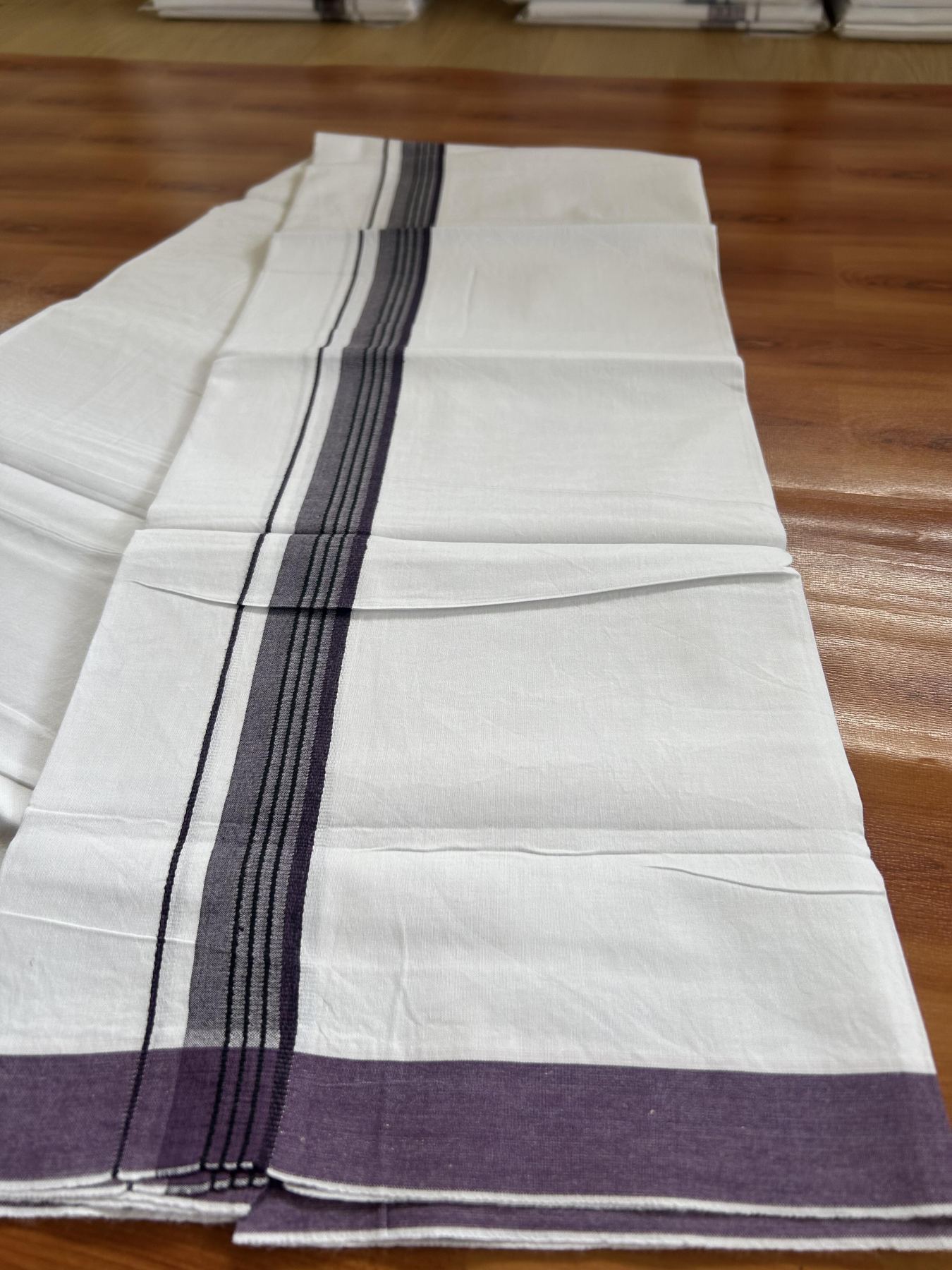 Single Mundu/Dhoti - Pure White - 29% Discount !! KaithariKada Balaramapuram 100% Cotton - Twisted 60s Thread - 0.5 Cm Black & Purple Shaded Striped Kara (2 meter / 4 muzham) - 61 KK5393 GL