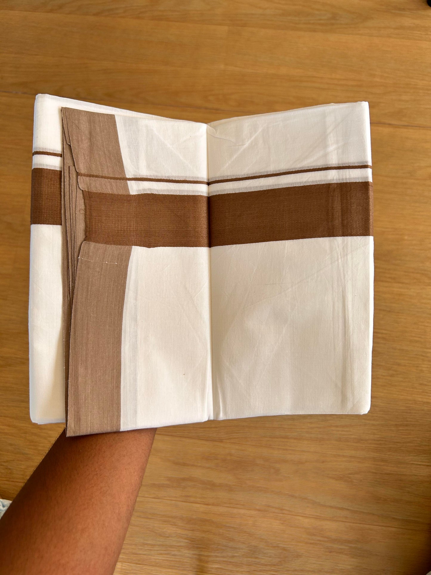 Double Pure White Mundu/Dhoti - 20% Discount!!! KaithariKada Balaramapuram 100% Cotton - 100X80 - 1.75 Inch Dark Brown kara - 3.90 Mtr (8 Muzham) - 65 KK5432 PMC