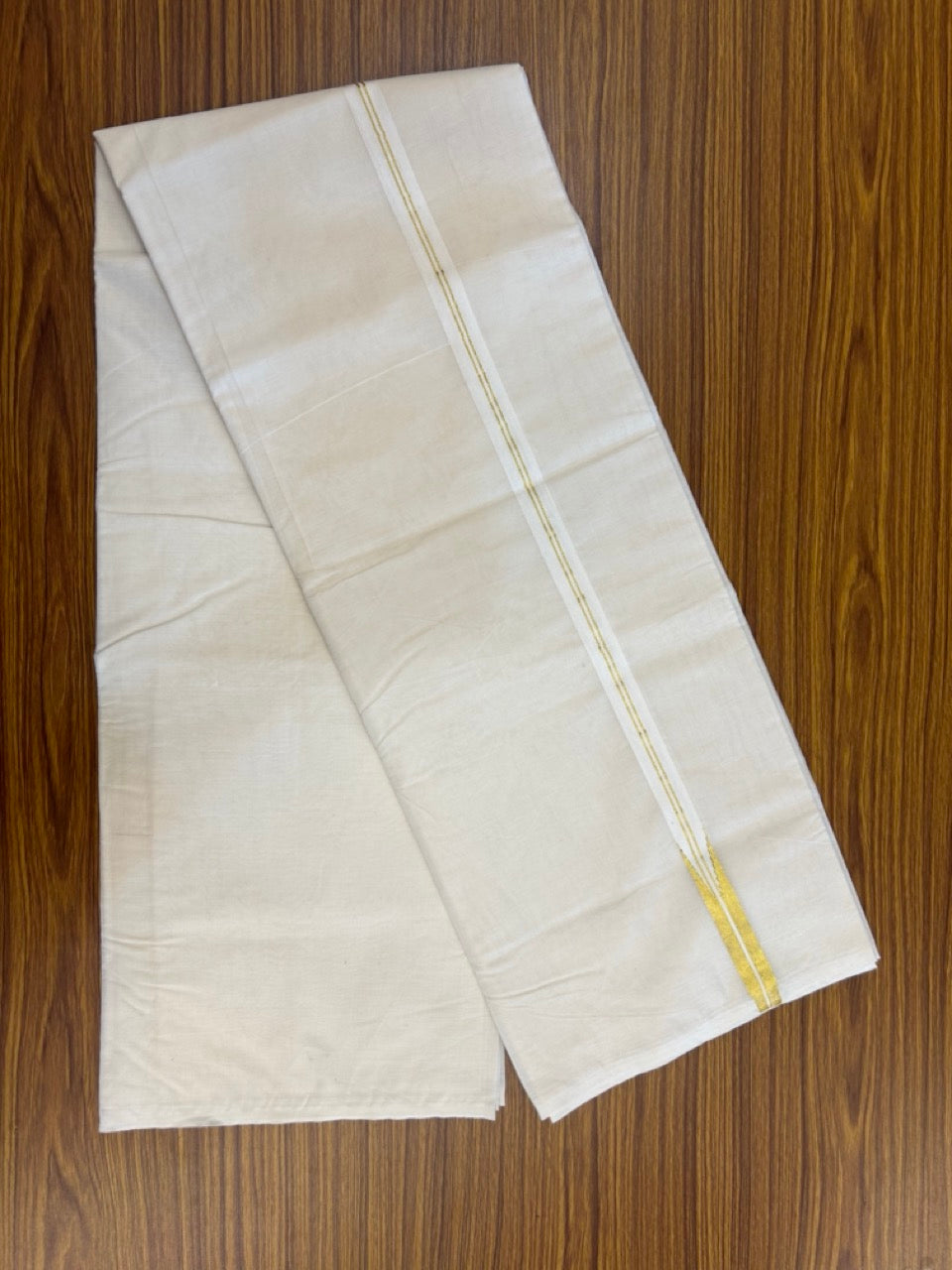 20% Discount ! KaithariKada Balaramapuram 100% Cotton Double OFF WHITE - (Unbleached) Mundu/Dhoti-100x100 - 0.75 inch Puliyilakkara Gold Kasav Chutty Kara - 16 KK5257ASH