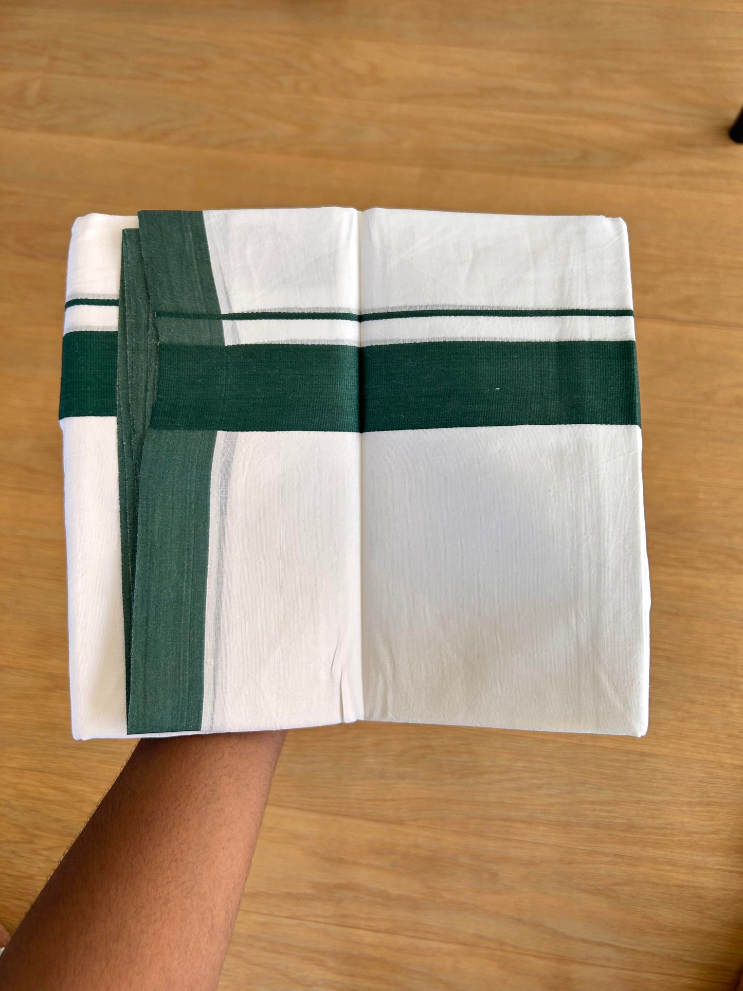 Double Pure White Mundu/Dhoti - 20% Discount!!! KaithariKada Balaramapuram 100% Cotton - 100X80 - 1.75 Inch Dark Green kara - 3.90 Mtr (8 Muzham) - 62 KK5432 PMC