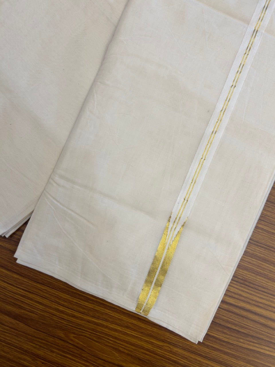 20% Discount ! KaithariKada Balaramapuram 100% Cotton Double OFF WHITE - (Unbleached) Mundu/Dhoti-100x100 - 0.75 inch Puliyilakkara Gold Kasav Chutty Kara - 16 KK5257ASH