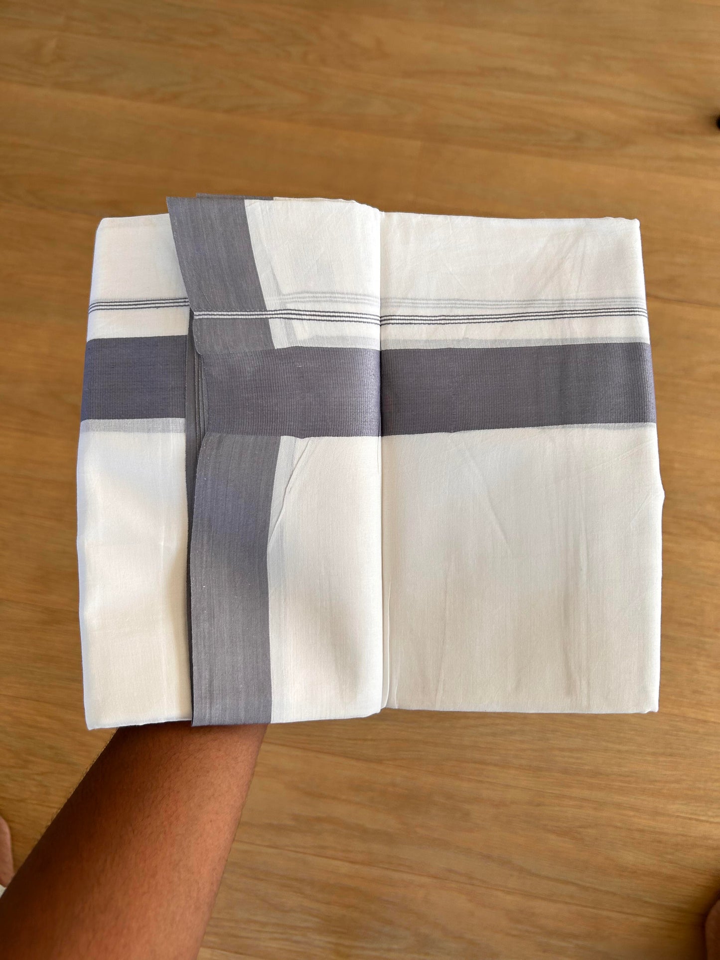 Double Pure White Mundu/Dhoti - 20% Discount!!! KaithariKada Balaramapuram 100% Cotton - 100X80 - 1.75 Inch Grey kara - 3.90 Mtr (8 Muzham) - 54 KK5432 PMC