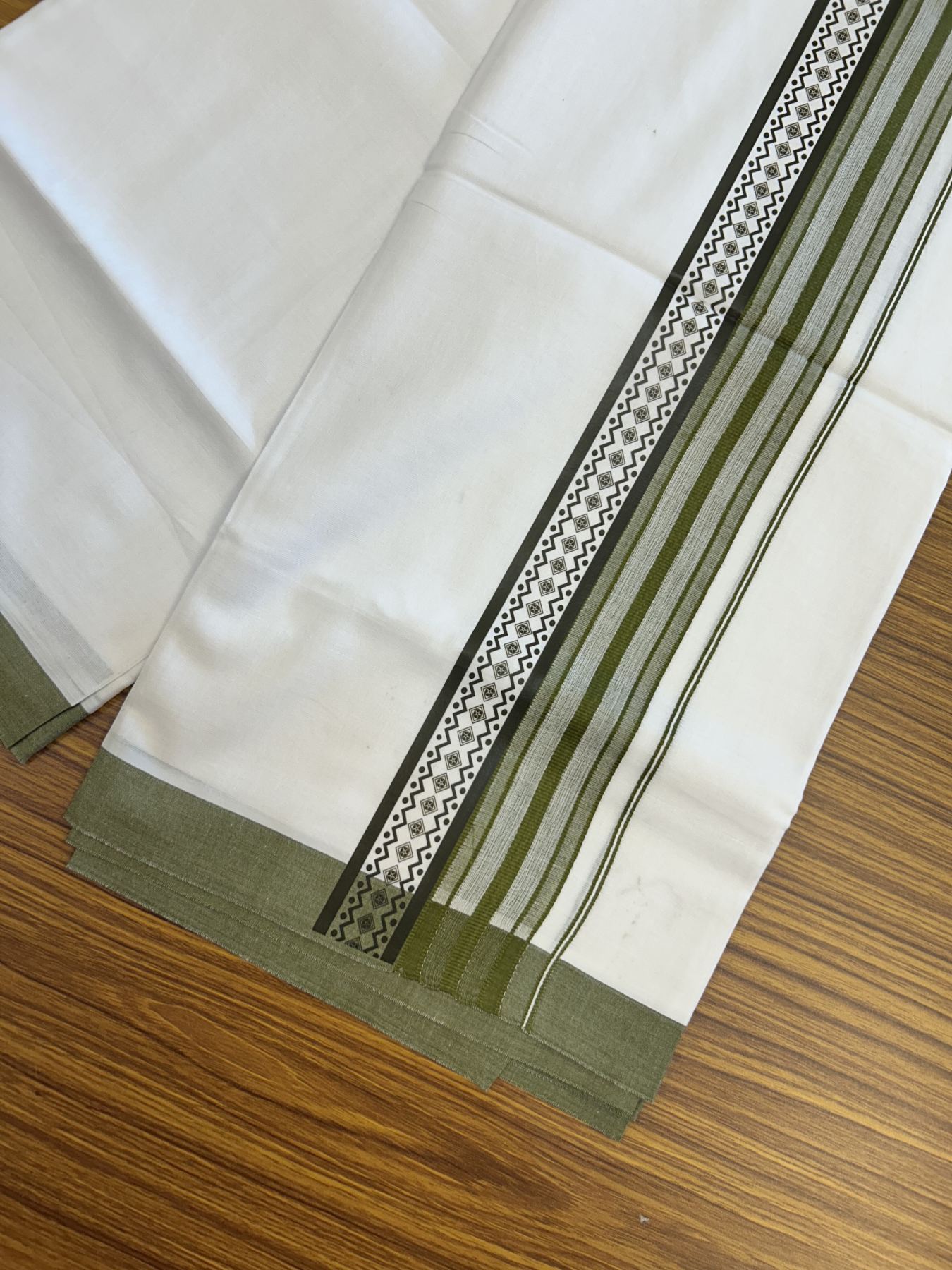 20% Discount ! KaithariKada Balaramapuram Cotton Double Pure white Mundu/Dhoti- 80s - 2.5 inch Olive Green Printed Shade Stripes Design Kara - 3.65 mtr (8 muzham) - 25 KK5329 GAN