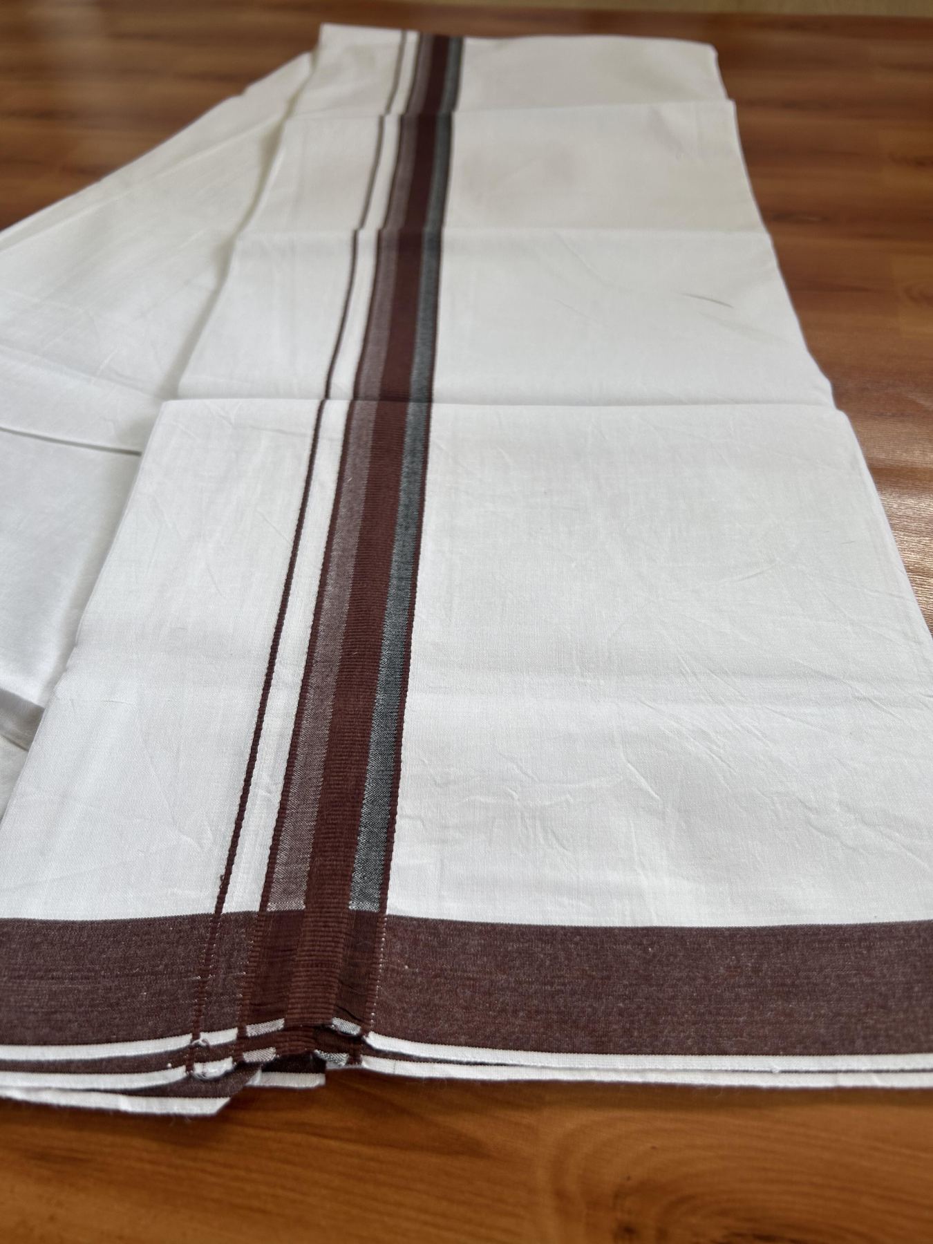 Single Mundu/Dhoti - Pure White - 29% Discount !! KaithariKada Balaramapuram 100% Cotton - Twisted 60s Thread - 0.5 Cm Black & Chocolate Brown Shaded Striped Kara (2 meter / 4 muzham) - 54 KK5393 GL