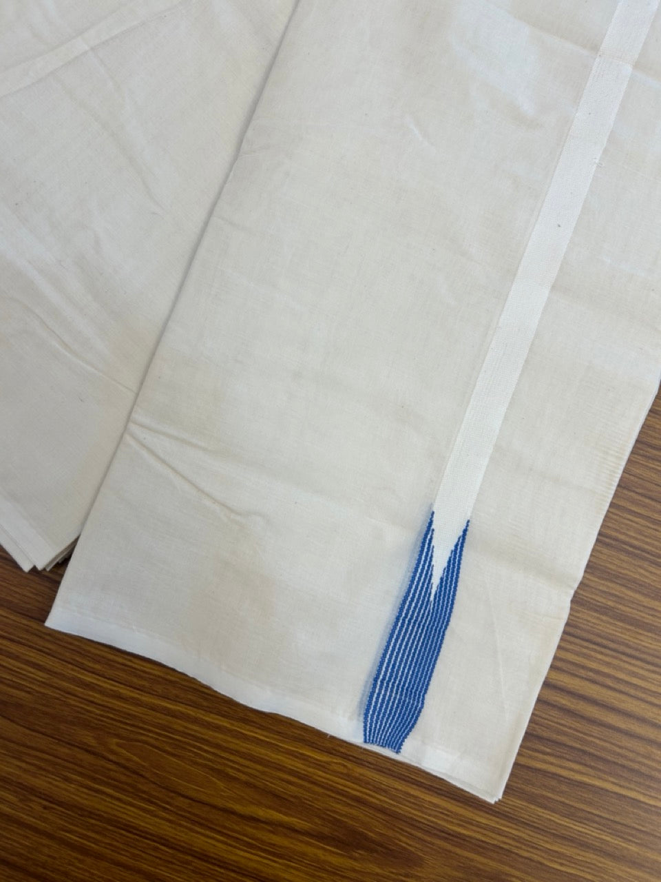 20% Discount ! KaithariKada Balaramapuram 100% Cotton Double Off White (Unbleached) Mundu/Dhoti- 100x100 - 0.75 inch Puliyilakkara Dark Blue Striped Chutty Kara - 12 KK5257 ASH