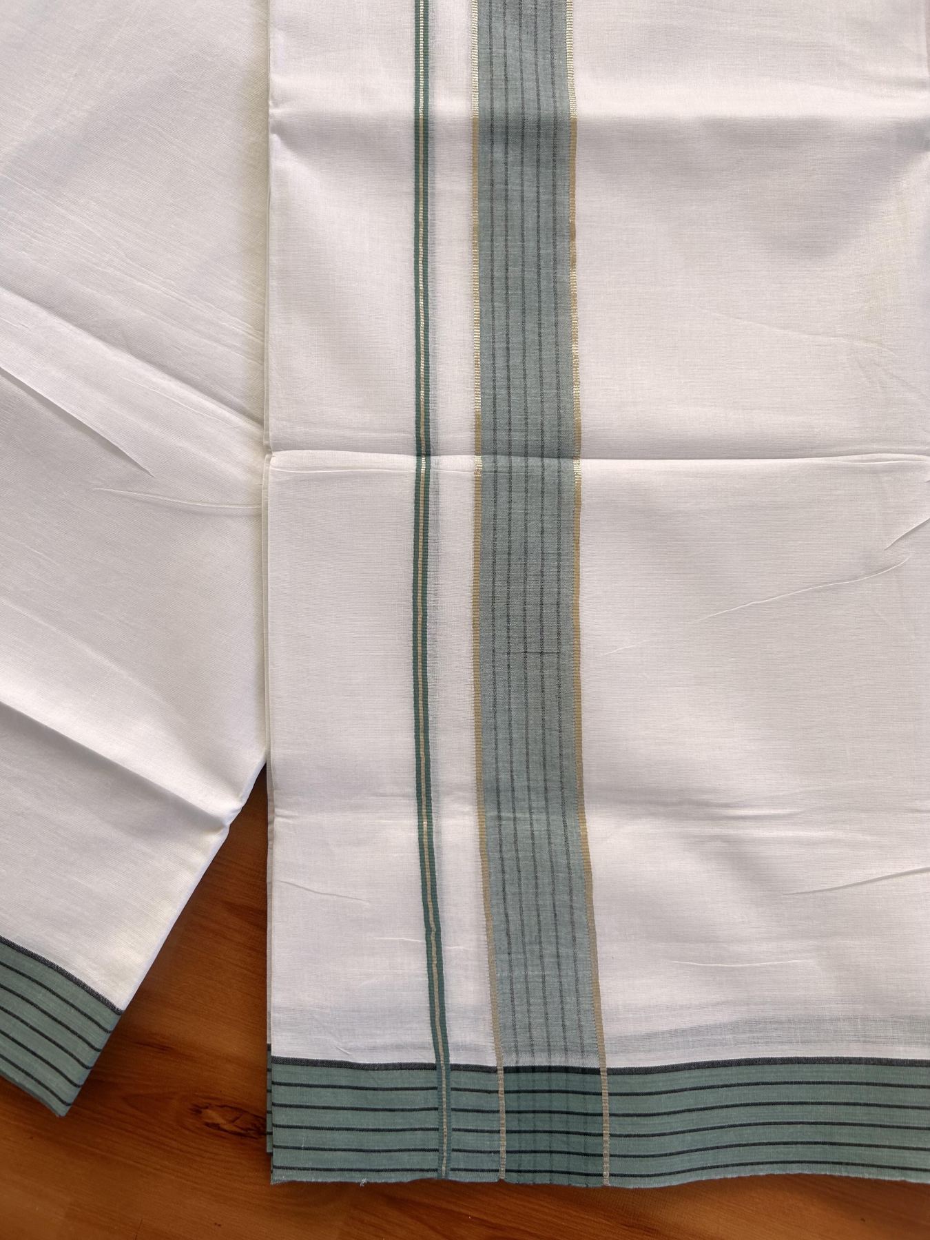 Pure White Double Mundu/Dothi - 20% Discount!! Kaitharikada Balaramapuram Pure Cotton -100x80 - 1.5 inch Silver Kasav & Teal Green & Black Striped Kara - 3.90 m (8 muzham) - 4 KK5432 VAS