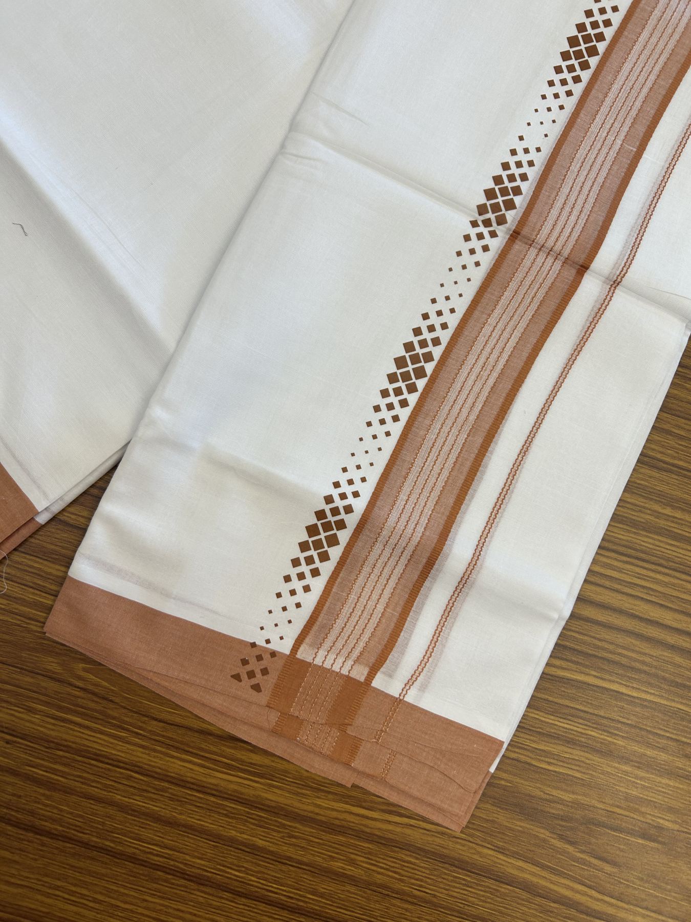 20% Discount ! KaithariKada Balaramapuram Cotton Double Pure white Mundu/Dhoti- 80s - 2.5 inch Brown Printed Shade Stripes Design Kara - 3.65 mtr (8 muzham) - 21 KK5329 GAN