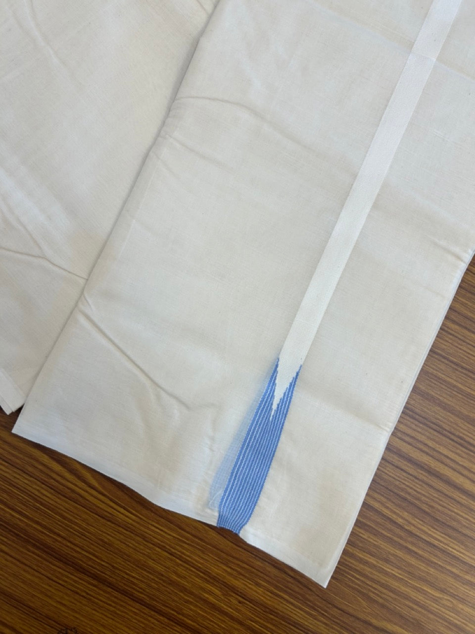 20% Discount ! KaithariKada Balaramapuram 100% Cotton Double Off White (Unbleached) Mundu/Dhoti- 100x100 - 0.75 inch Puliyilakkara Light Blue Striped Chutty Kara - 15 KK5257 ASH