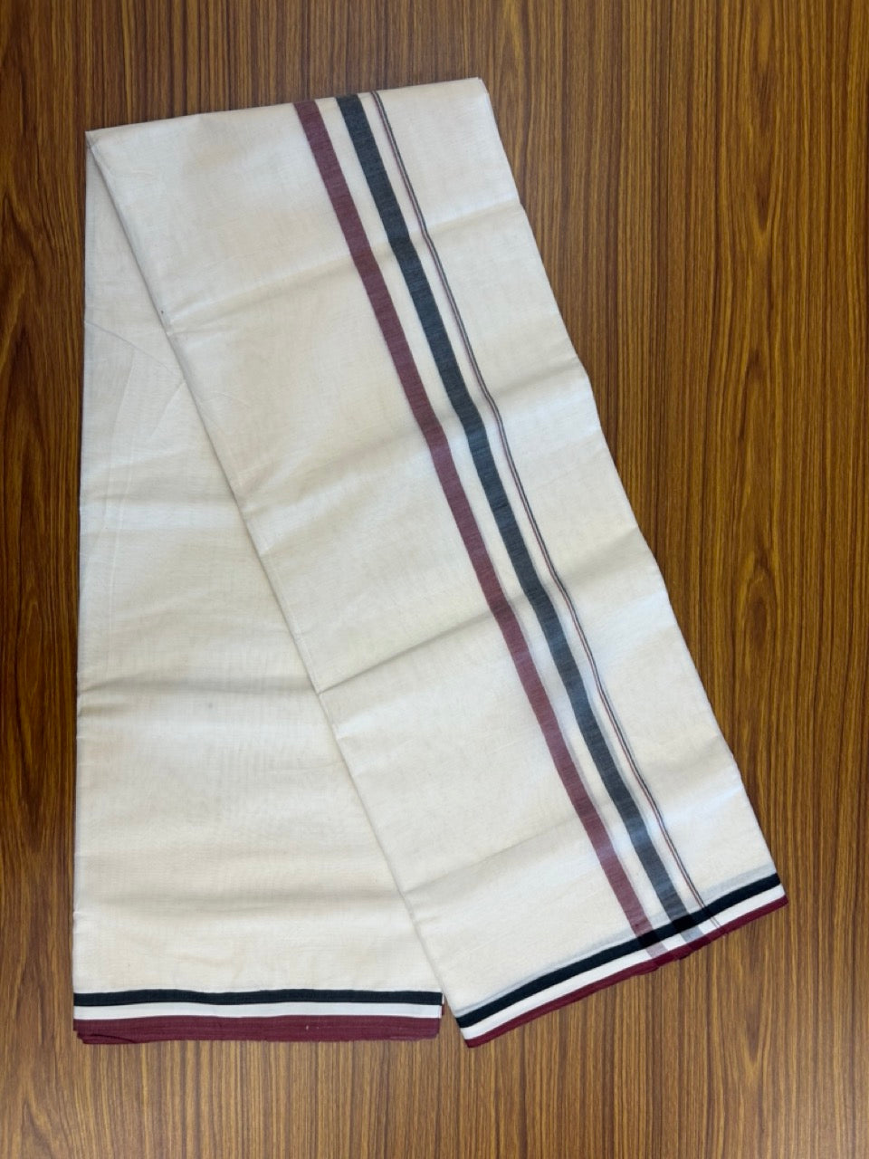ADMK VESHTI - 20% Discount ! KaithariKada 100% Cotton off white Double - (Unbleached) Mundu/Dhoti - 100X100 - 1.75 inch Black White & Maroon Shaded kara - 23 KK5257 ASH