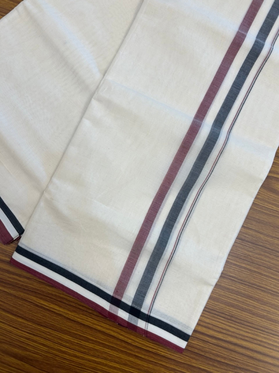 ADMK VESHTI - 20% Discount ! KaithariKada 100% Cotton off white Double - (Unbleached) Mundu/Dhoti - 100X100 - 1.75 inch Black White & Maroon Shaded kara - 23 KK5257 ASH