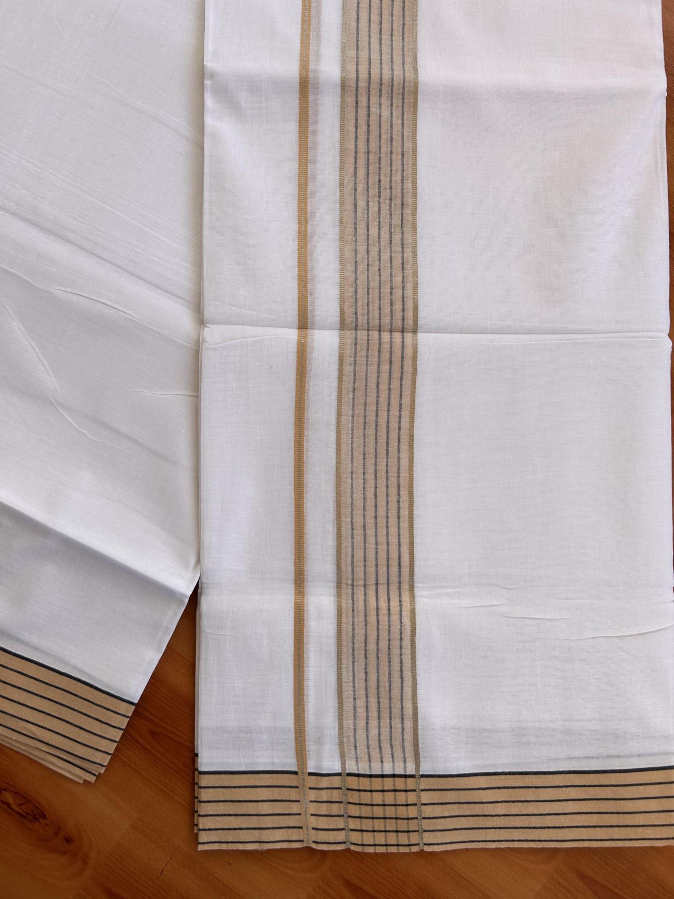Pure White Double Mundu/Dothi - 20% Discount!! Kaitharikada Balaramapuram Pure Cotton -100x80 - 1.5 inch Silver Kasav & Peach & Black Striped Kara - 3.90 m (8 muzham) - 1 KK5432 VAS