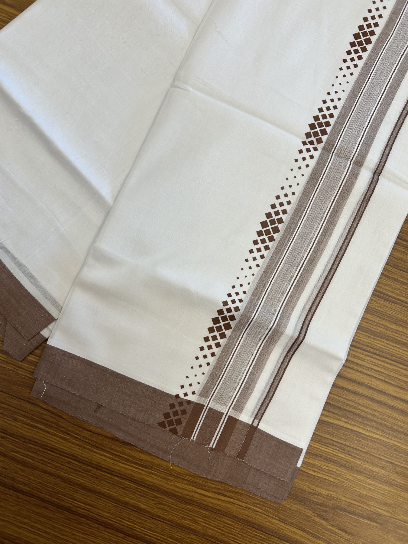 20% Discount ! KaithariKada Balaramapuram Cotton Double Pure white Mundu/Dhoti- 80s - 2.5 inch Walnut Brown Printed Shade Stripes Design Kara - 3.65 mtr (8 muzham) - 16 KK5329 GAN