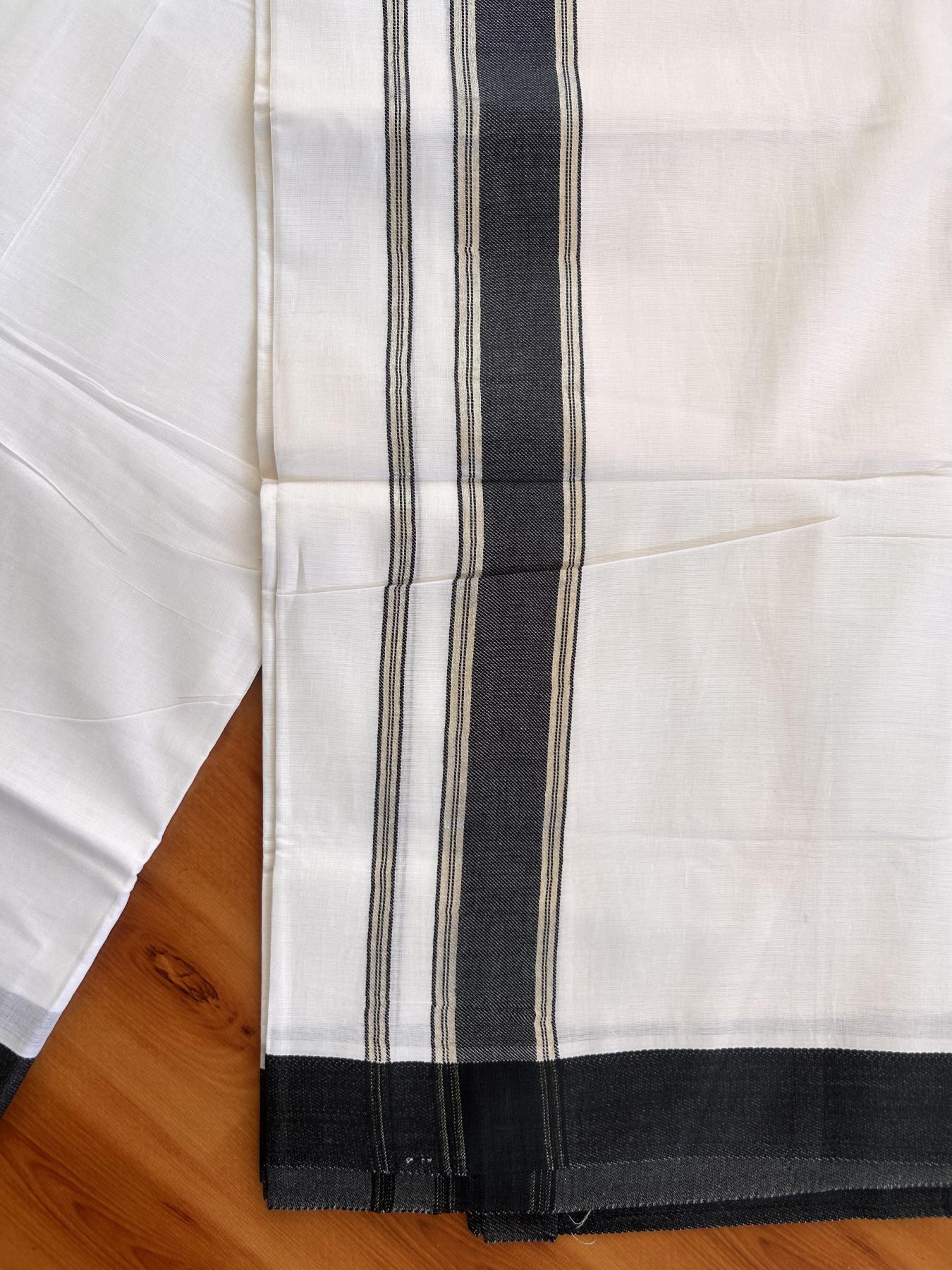 Pure White Double Mundu/Dothi - 20% Discount!! Kaitharikada Balaramapuram Pure Cotton -100x80 - 1.5 inch Silver Kasav & Navy Blue Striped Kara - 3.90 m (8 muzham) - 6 KK5433 VAS