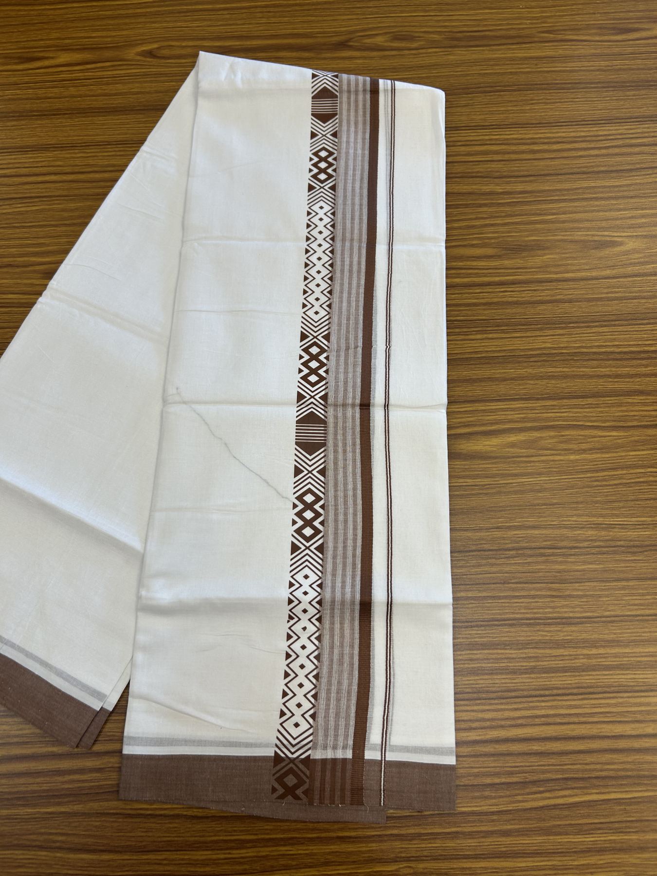 20% Discount ! KaithariKada Balaramapuram Cotton Double Pure white Mundu/Dhoti- 80s - 2.5 inch Walnut Brown Printed Shade Stripes Design Kara - 3.65 mtr (8 muzham) - 51 KK5329 GAN