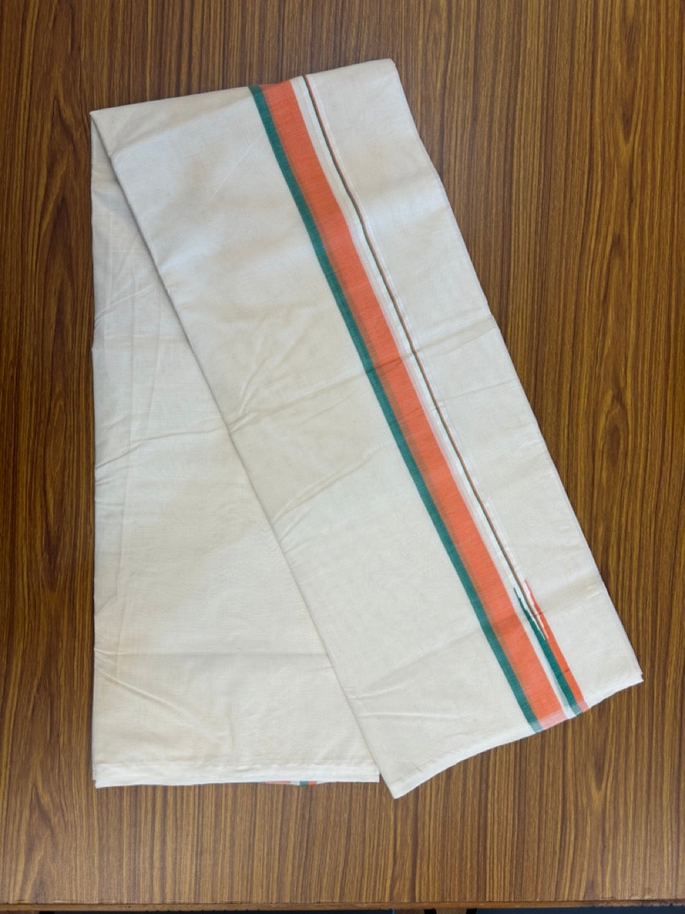 BJP VESHTI - 20% DISCOUNT! KaithariKada 100% Cotton off white Double - (Unbleached) Mundu/Dhoti - 100X100 - 1.25 inch Puliyilakkara Orange & Green Shaded Chutty Kara - 18 KK5257 ASH